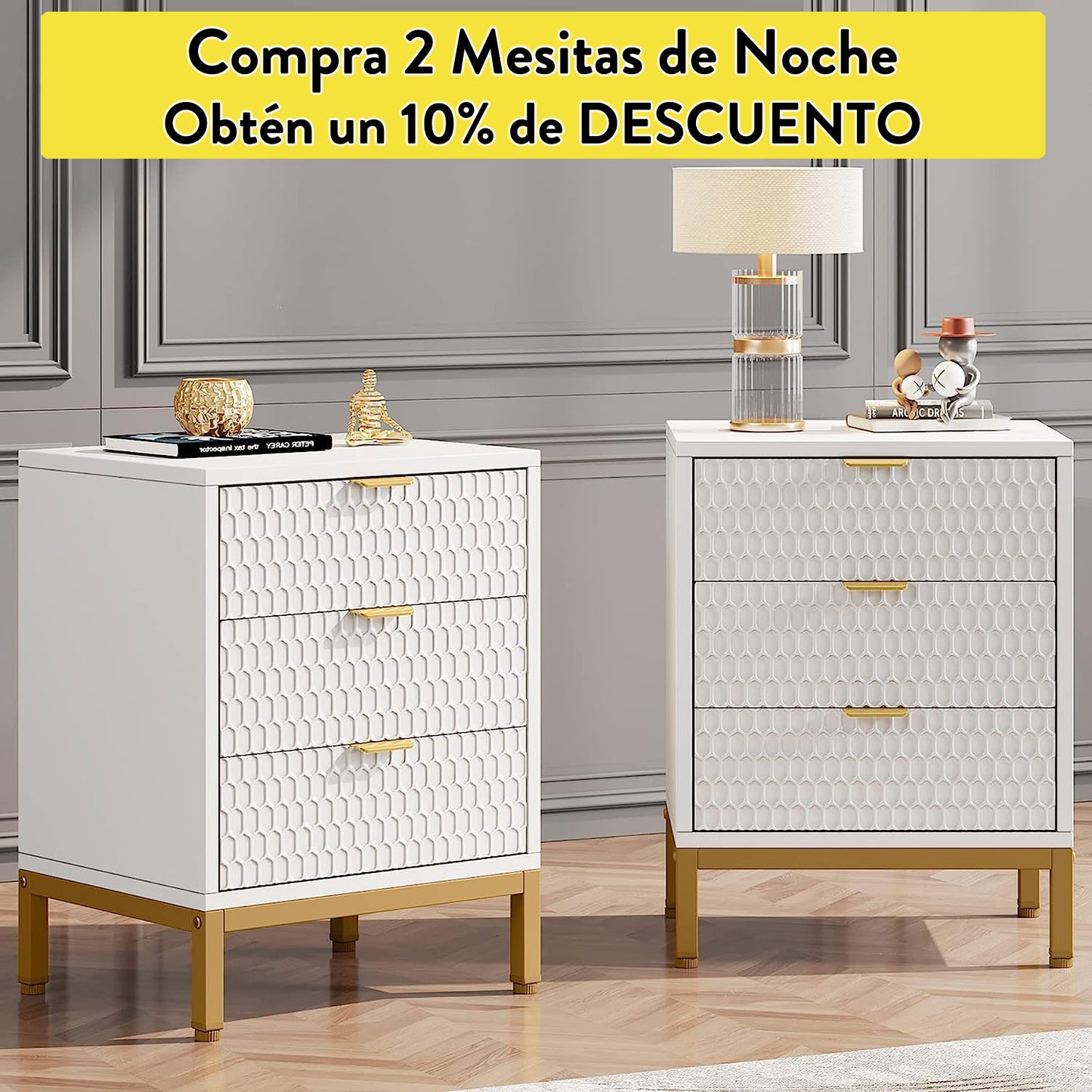Tribesigns - Mesita de noche moderna, mesa de alto con 3 cajones, mesa auxiliar contemporánea con almacenamiento para dormitorio, Blanco Dorado