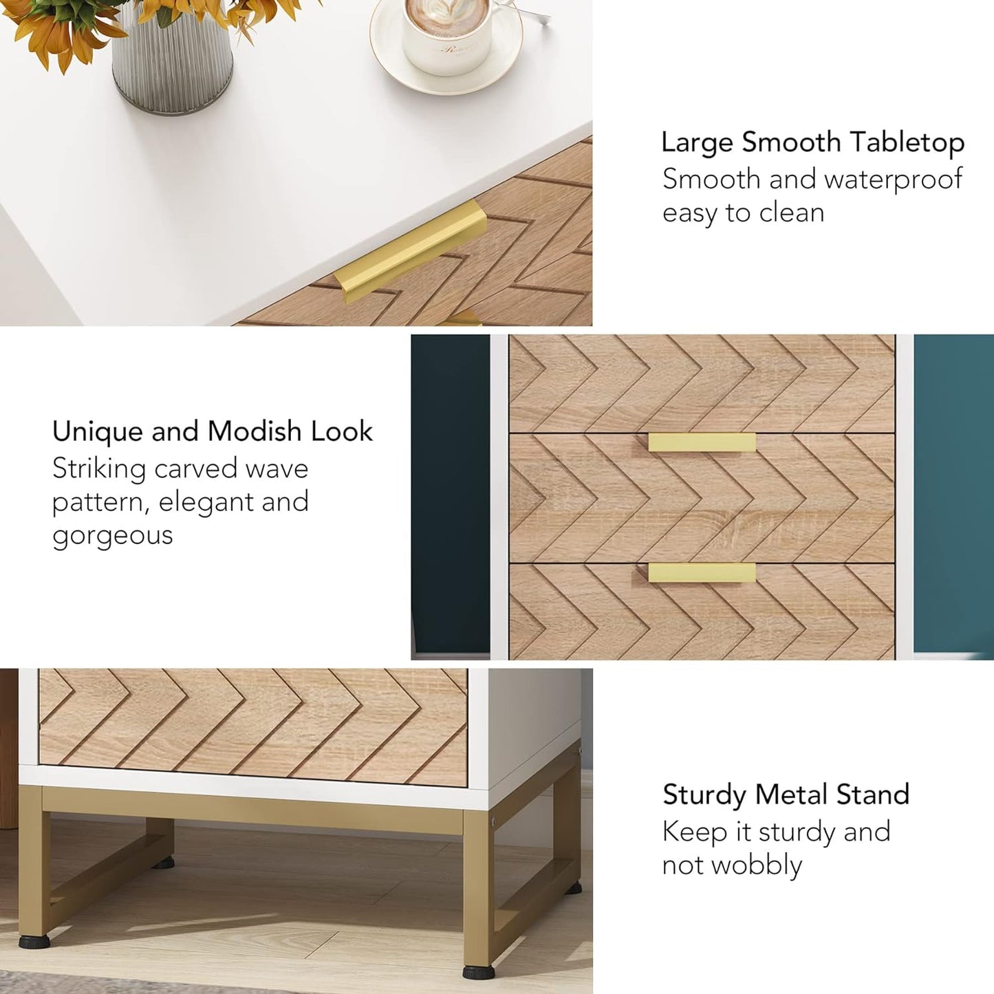 Tribesigns - Mesita de noche de 3 cajones, mesita de noche con diseño único en zig zag, moderna mesa auxiliar para dormitorio, sala de estar