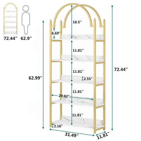 Tribesigns - Librería Etagere de 5 estantes Dorados, estantería Moderna de Metal con Arco Abierto, estantes Altos Dorados para Sala de Estar