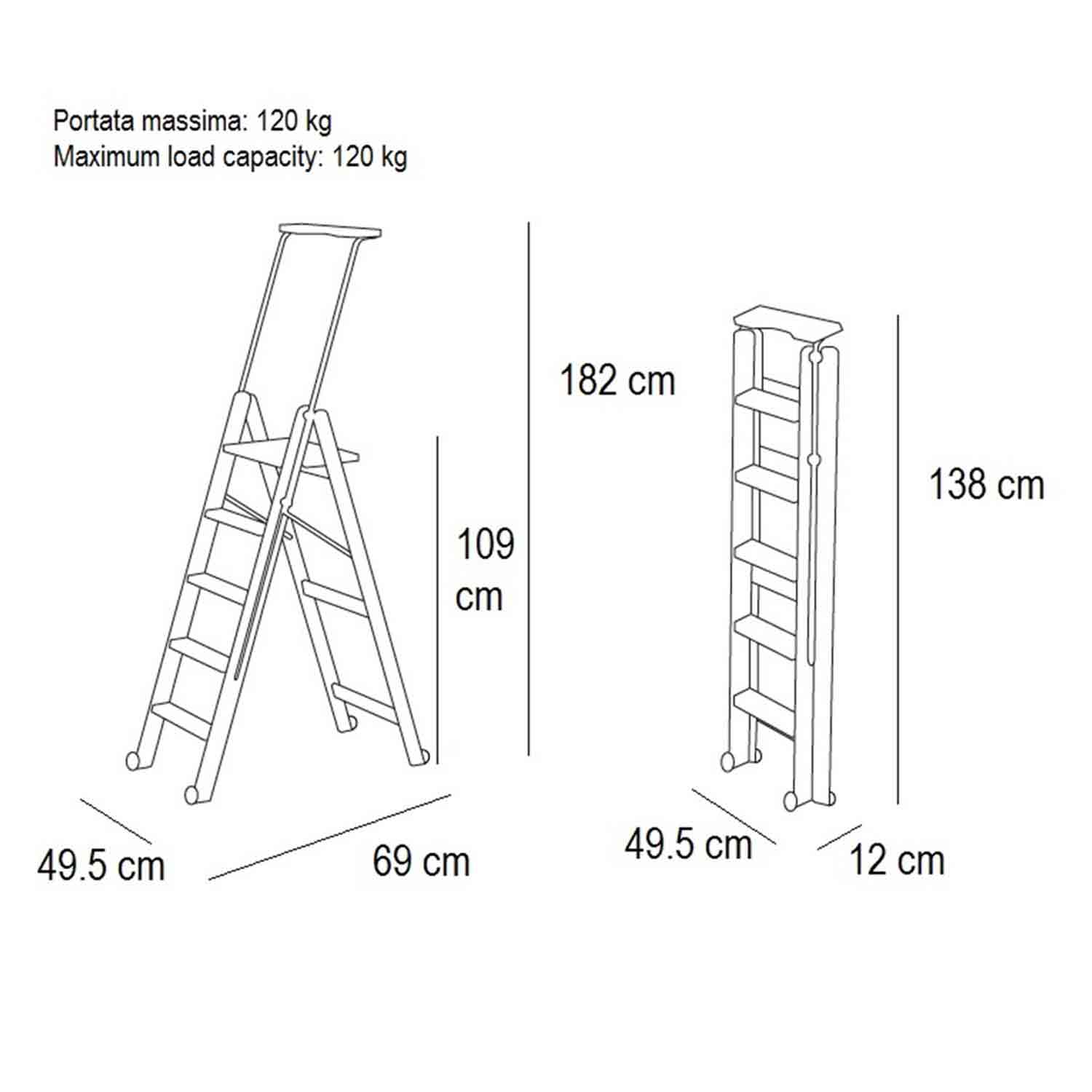 Escalera de madera, Escalera, peldaños antideslizantes, sistema único de apertura. Compacta 49,5x138x12 cm, TUSCANIA 5