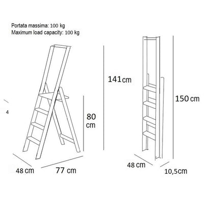 KIMORA 4 - Escalera en madera, Escalera plegable en 4 peldaños antideslizantes, 48cm X 10.5-77cm X 141-150 cm