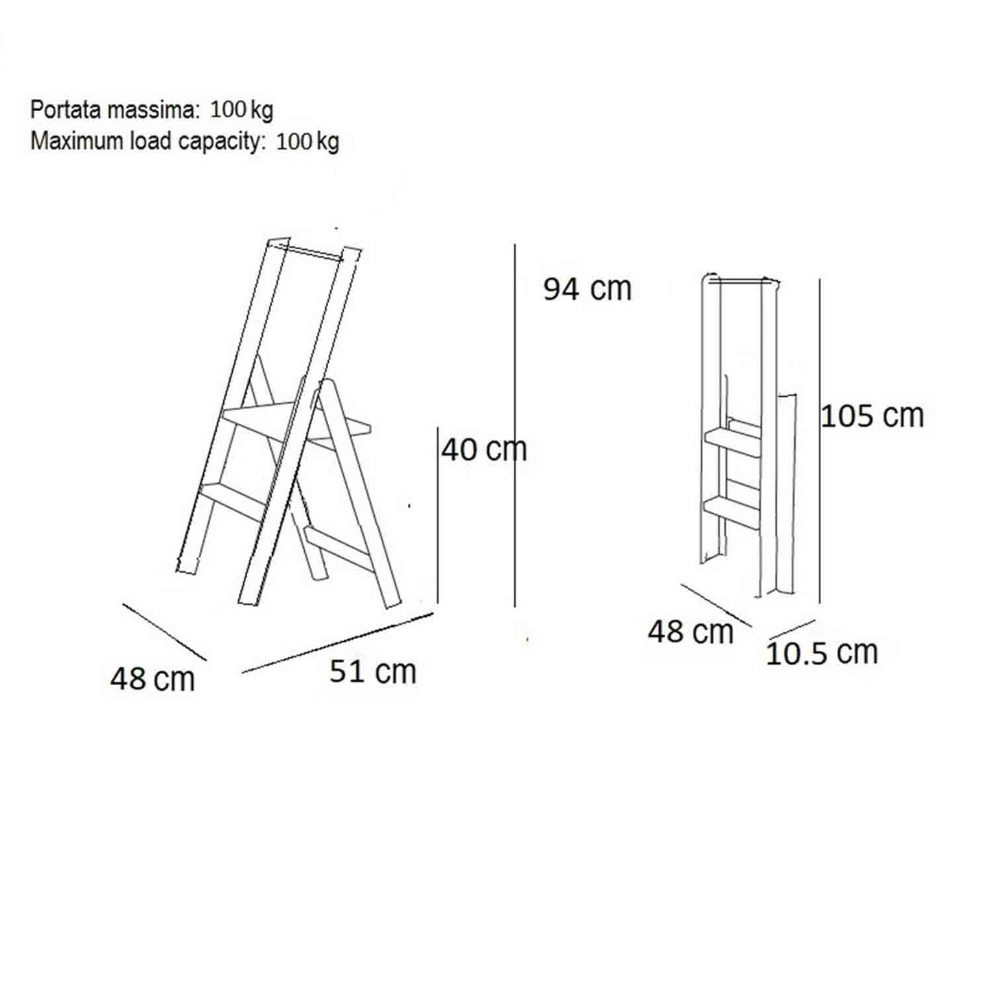 KIMORA 2 - Escalera en madera, Escalera plegable en 2 peldaños antideslizantes, 48cmx10.5-51cmx94-105 cm