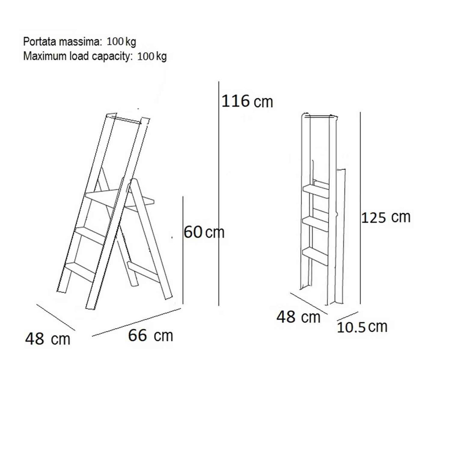 KIMORA 3 - Escalera en madera, Escalera plegable en 3 peldaños antideslizantes, 48cm X 10.5-66cm X 116-125 cm
