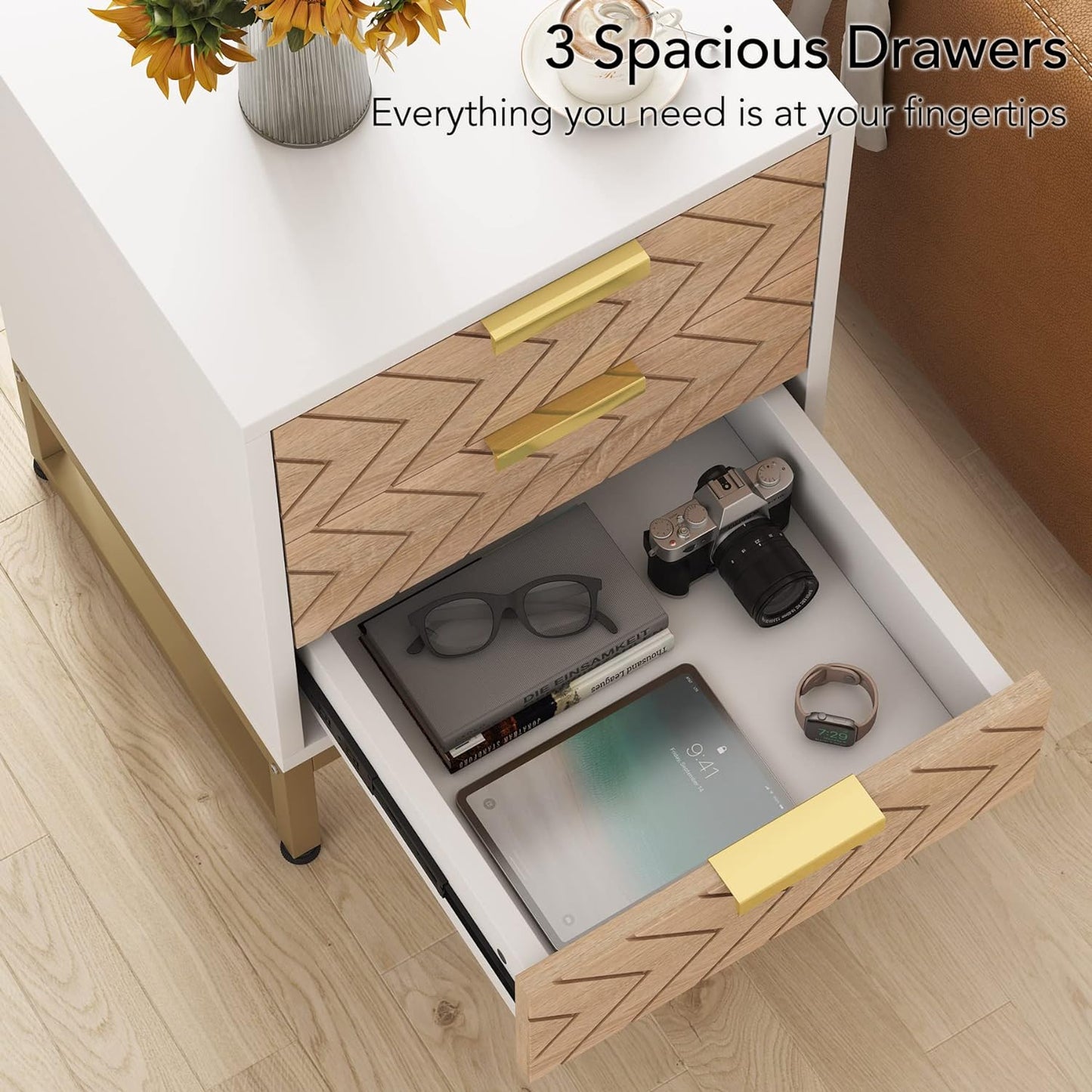 Tribesigns - Mesita de noche de 3 cajones, mesita de noche con diseño único en zig zag, moderna mesa auxiliar para dormitorio, sala de estar