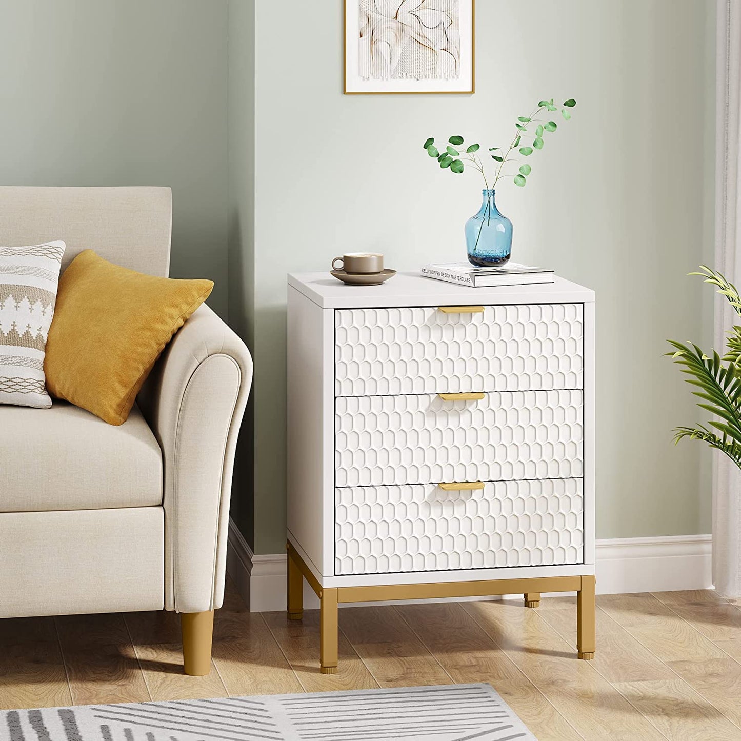 Tribesigns - Mesita de noche moderna, mesa de alto con 3 cajones, mesa auxiliar contemporánea con almacenamiento para dormitorio, Blanco Dorado
