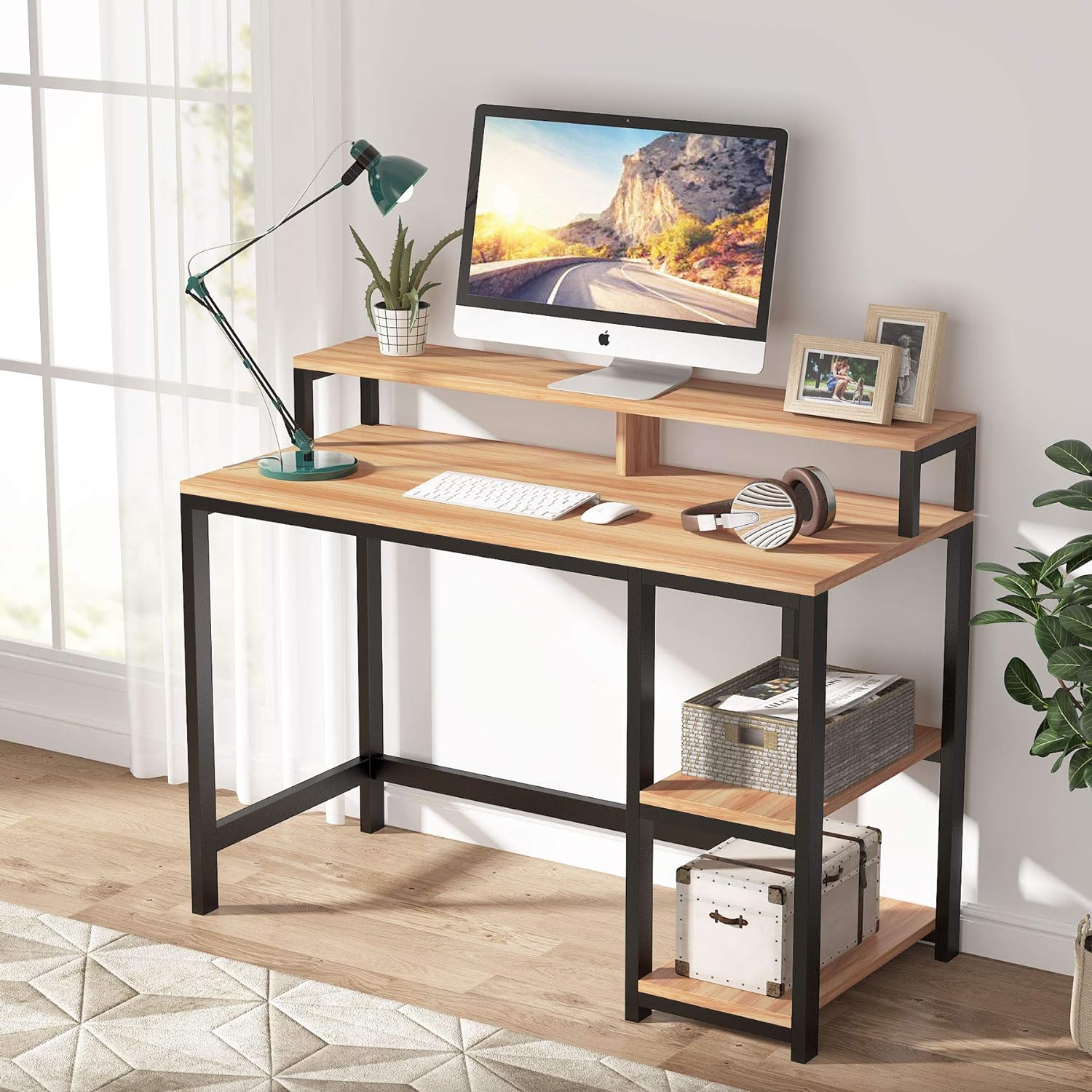 Escritorio de ordenador con soporte de monitor, escritorio moderno de escritorio de estudio para computadora portátil