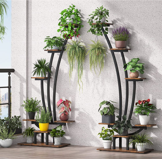 Paquete de 2 soportes para plantas de interior de 5 niveles, estante de exhibición curvado de metal con 2 ganchos para colgar