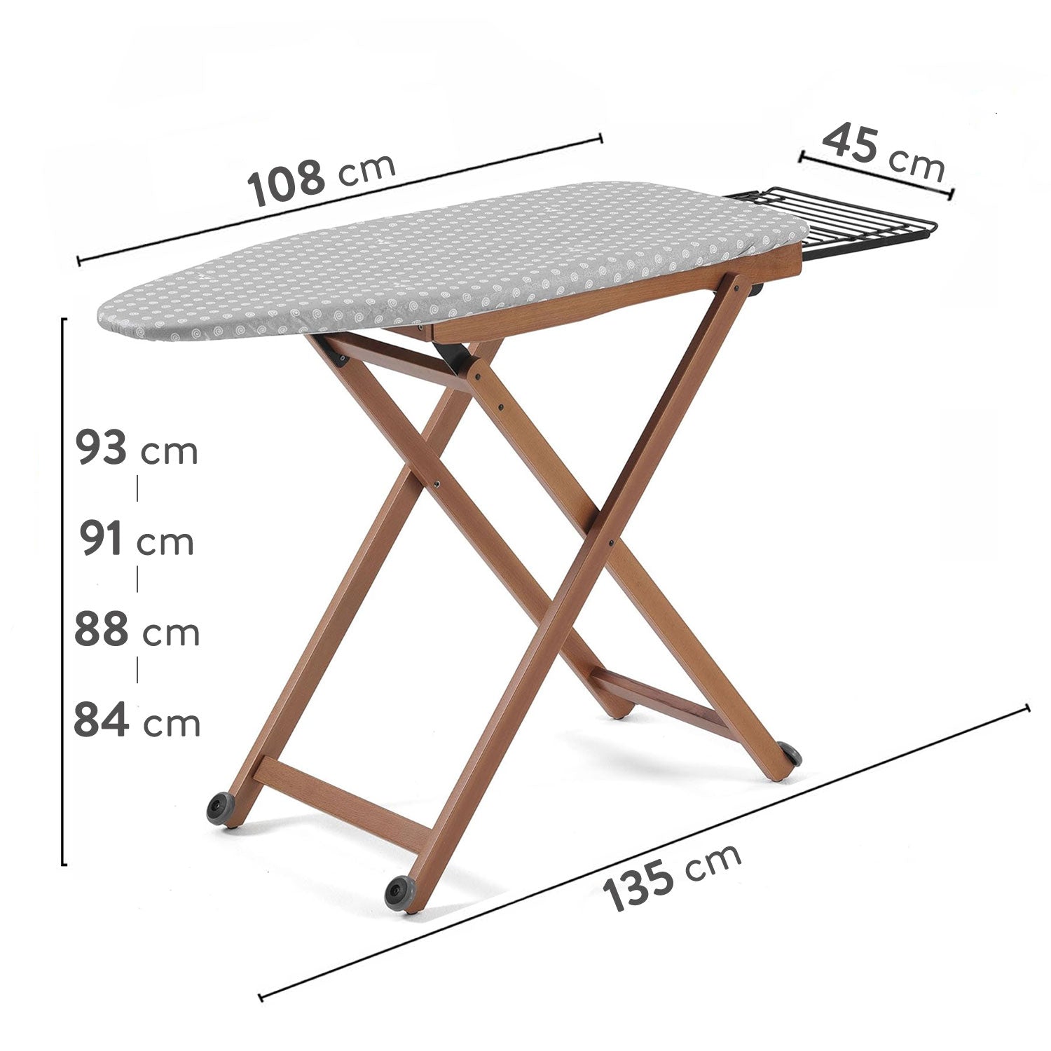 Tabla de planchar STIROLIGHT Tabla de planchar de madera maciza de haya Ancho 45 cm Altura 84-93 cm con ruedas Cerezo ARIT, 3