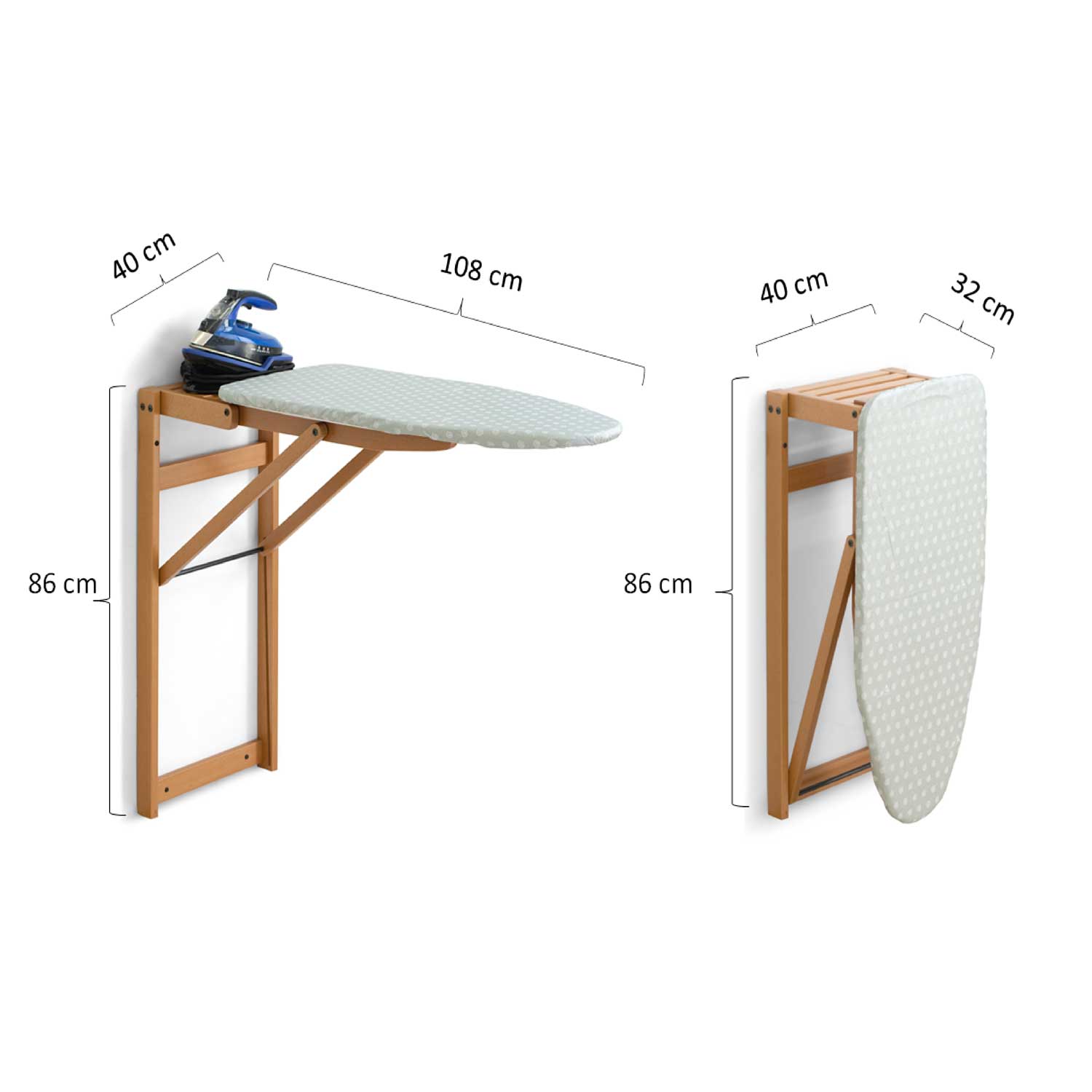 Tabla de planchar, STIROJOLLY, Tabla de planchar de madera, montaje en pared, plegable, 86 x 38 cm, ARIT, 5