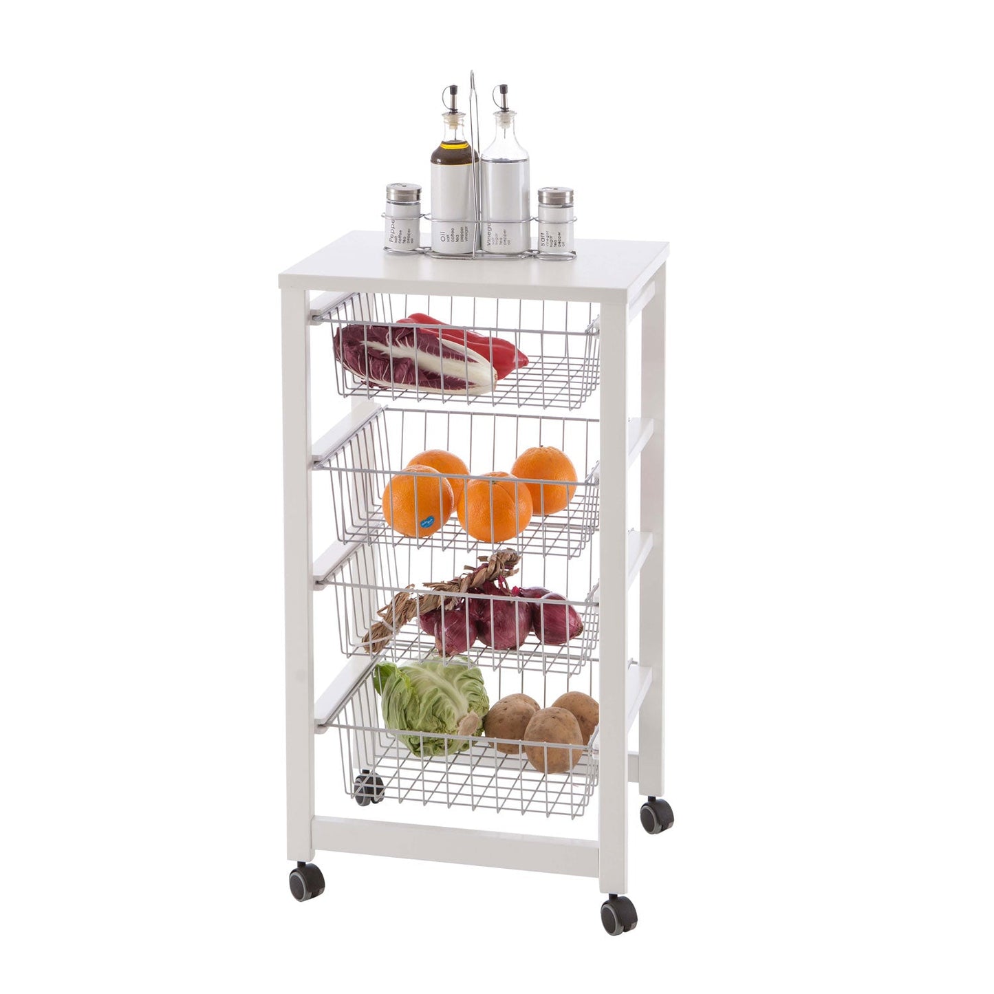 Carro cocina GINGERONE, Carrito de Cocina con 4 Cestas Deslizantes, Carrito de Cocina de madera, Blanco, 2