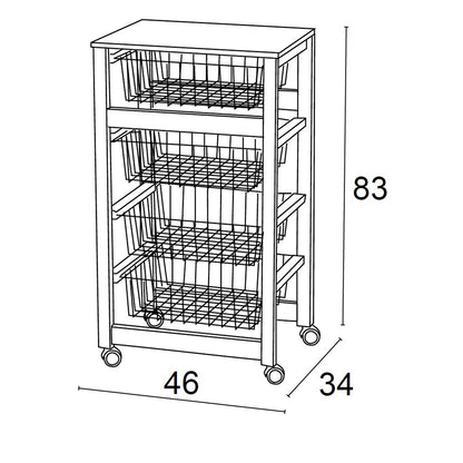 Carro cocina GINGERONE, Carro de Cocina con 4 Cestas deslizantes, Carro de cocina de madera, Cerezo, 4