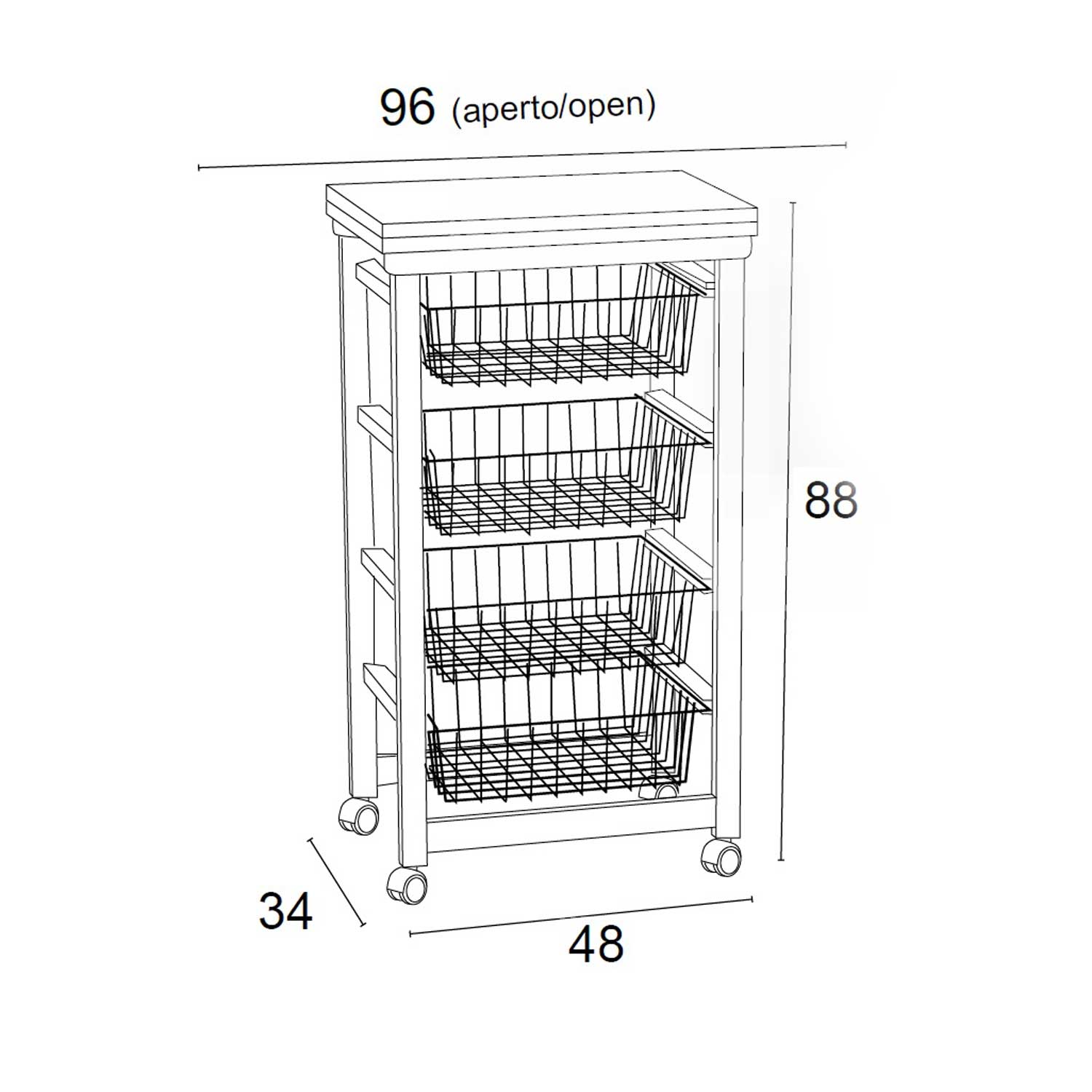 Carro de cocina con encimera GASTONCINO, encimera abatible de 48 a 96 cm, haya maciza, carro de cocina de madera, cerezo, 6