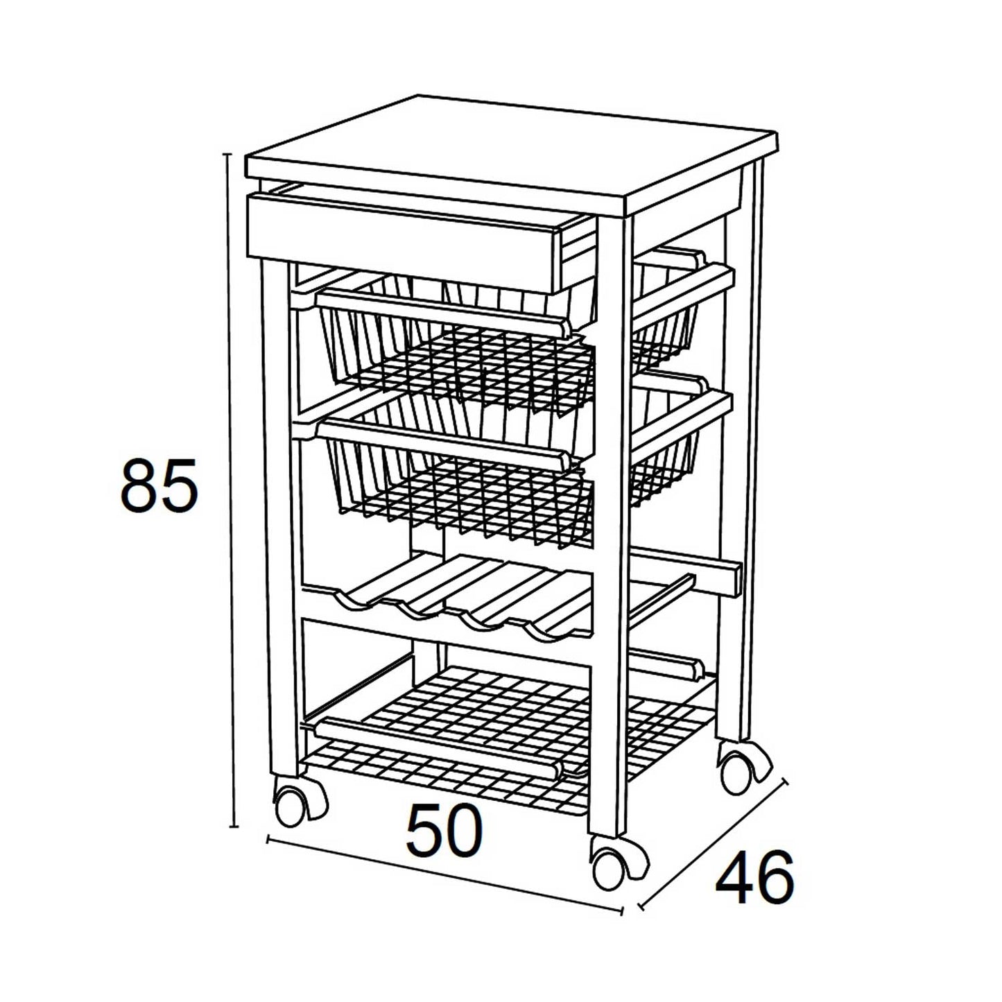 Carrito de cocina con encimera ARTURO, portabotellas central, carrito de cocina de madera, Cereza, 5