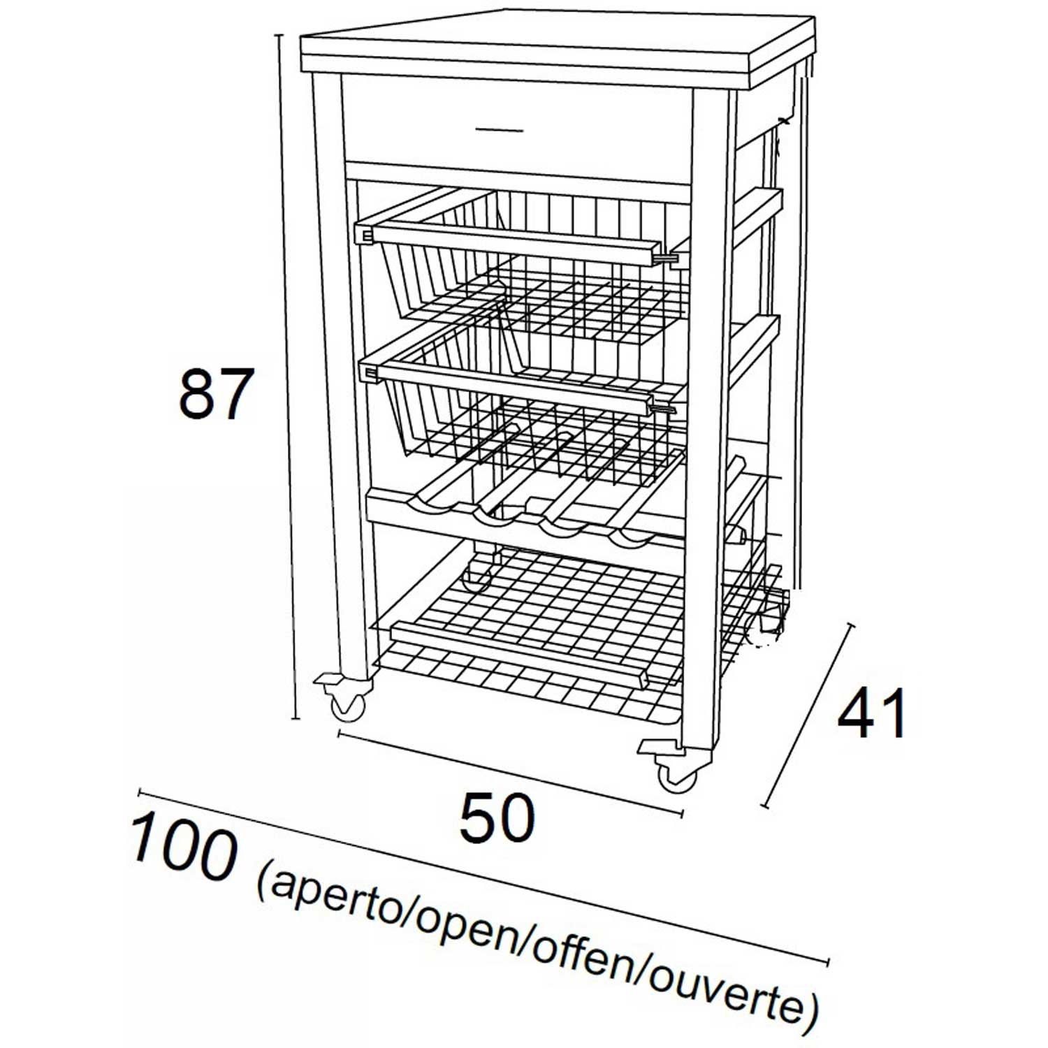 Carro de cocina con encimera GASTONE, superficie de trabajo de haya maciza (50 a 100 cm), madera, cerezo, 4