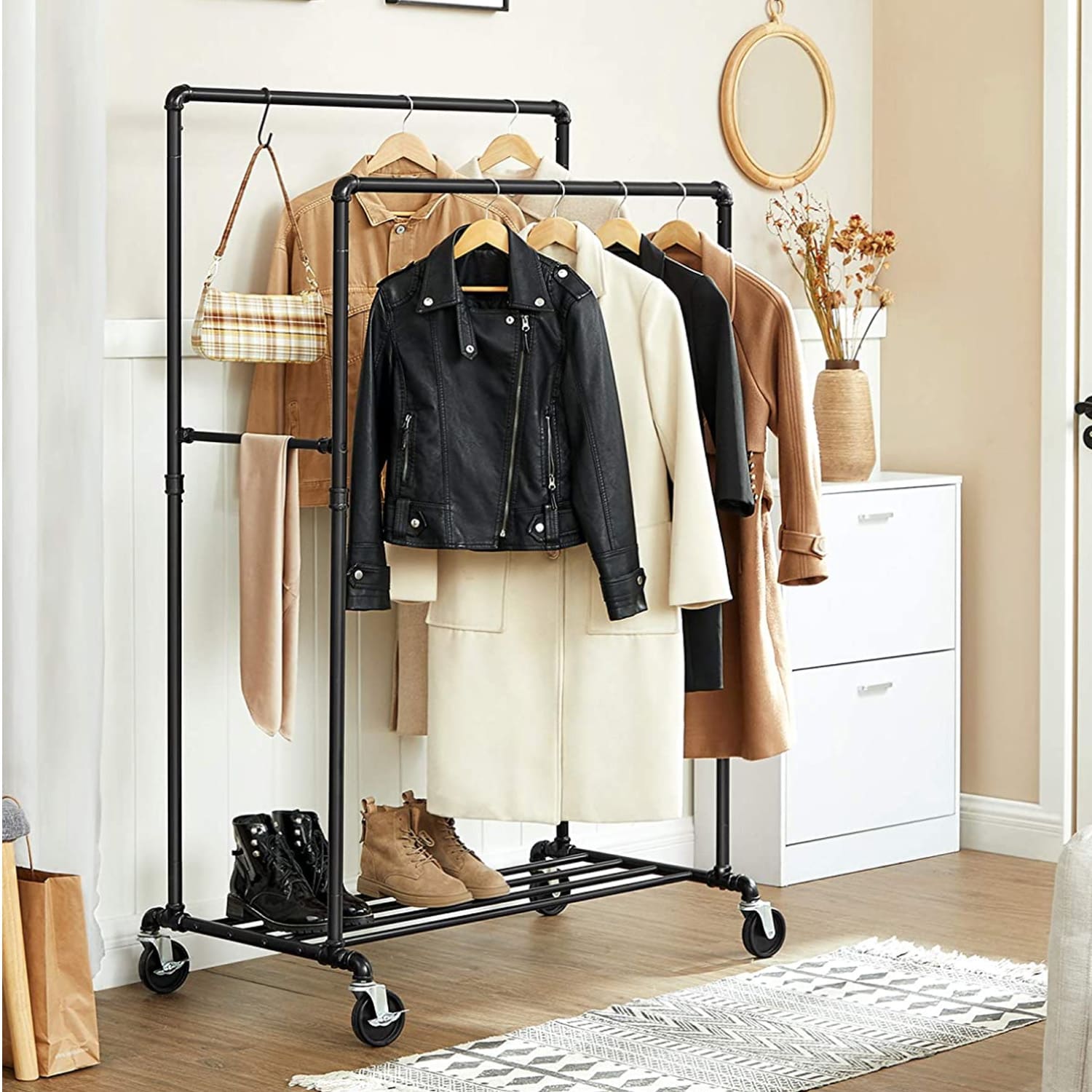 Buro Ropa, Buro Ropa Resistente, Perchero de Doble Barra con Ruedas y Estante, Songmics, 3