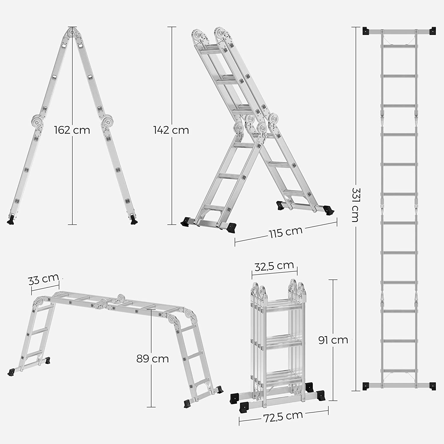 SONGMICS - Escalera metalica, Escalera de Aluminio Multifuncional, Máx. 150 kg