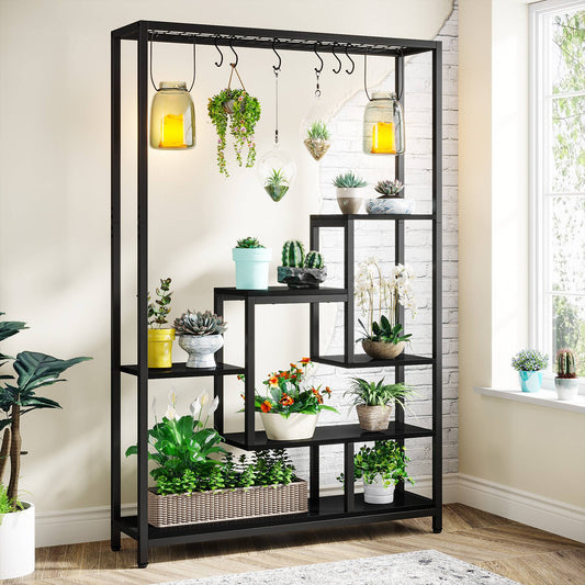 Tribesigns - Soporte para plantas de interior de 5 niveles, estante de metal de 180 cm para plantas con ganchos colgantes de 6 piezas para interior