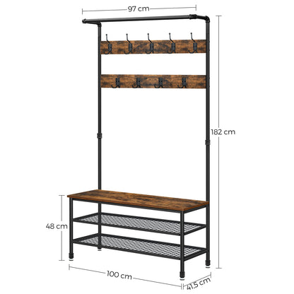 Perchero con Zapatero, Perchero con Banco, con 9 Ganchos, Entrada, Dormitorio, Estilo Industrial, Hasta 100 kg, Vasagle, 6