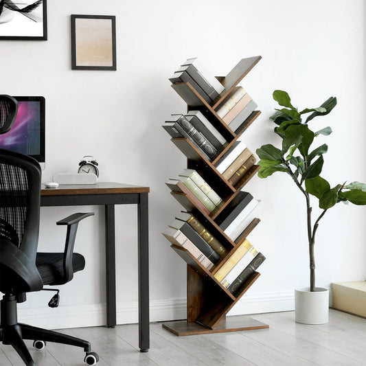 VASAGLE - Librería en Forma de Árbol, Librería de 8 Niveles con Estantes de Madera, para Sala de Estar, Oficina Doméstica, Marrón Rústico