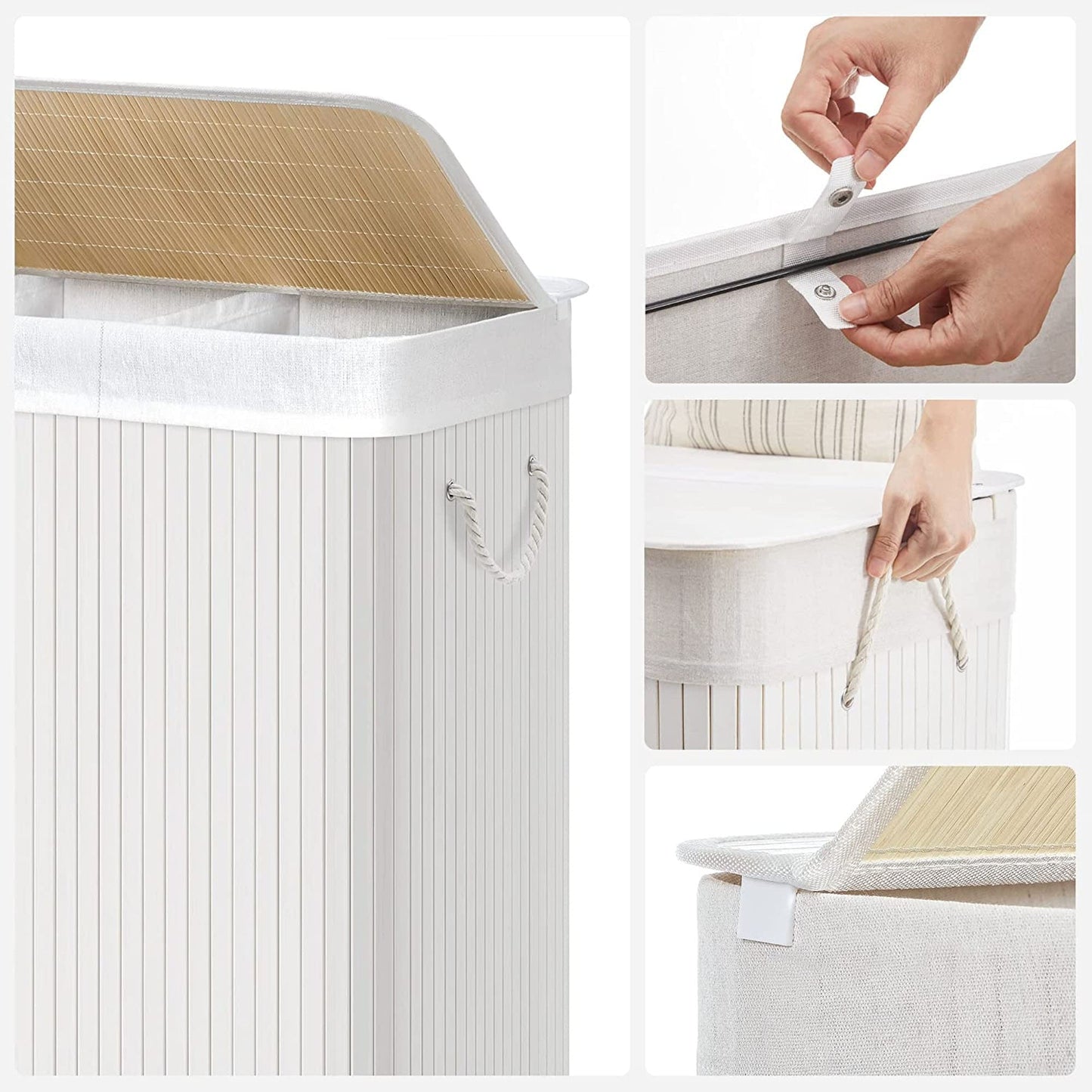 SONGMICS - Canasta de lavandería, coleccionista de lavandería, hecha de bambú, 3 compartimentos, tapa con clips, 150 l