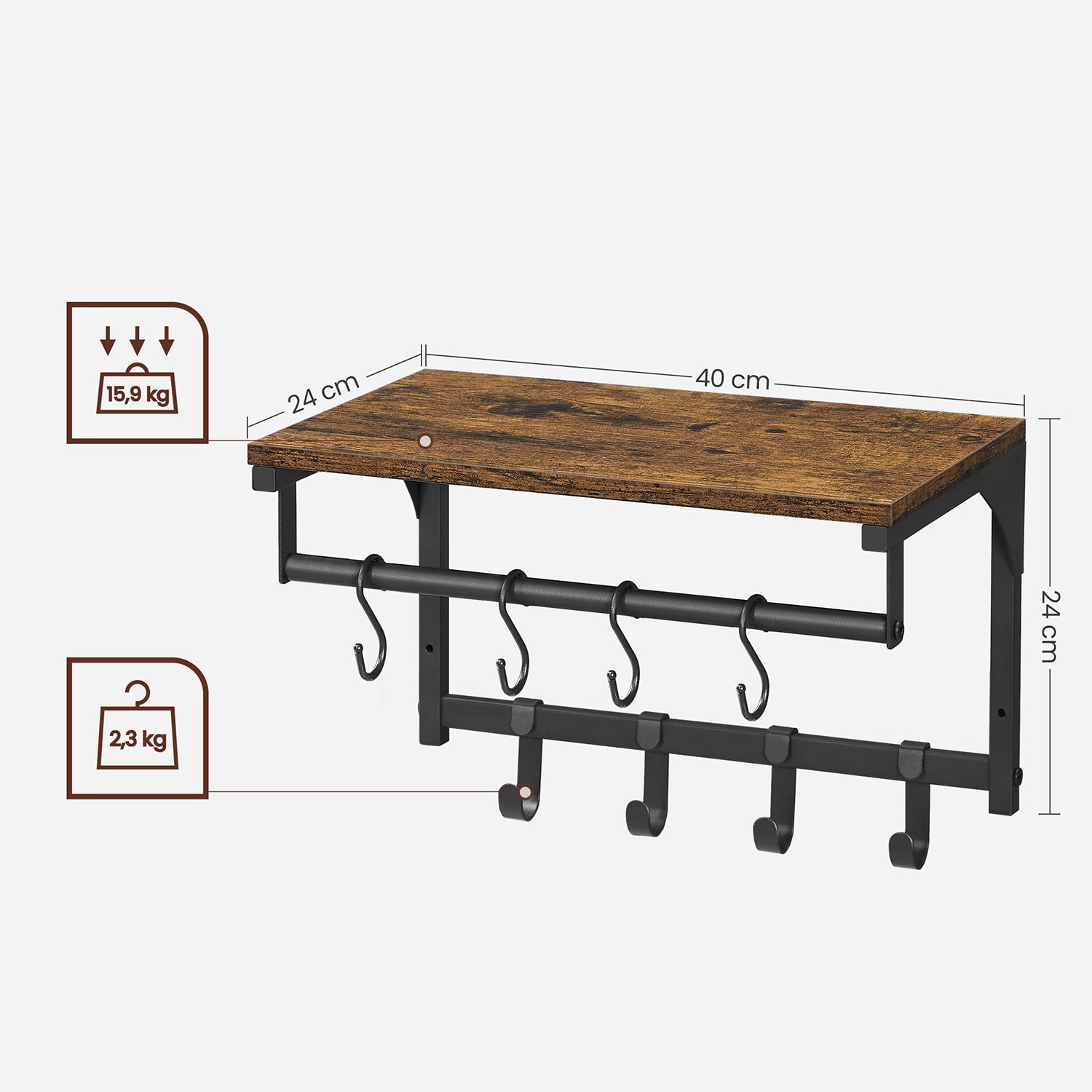 Perchero de Pared, con Estante y 8 Ganchos, Dimensiones de 40 x 24 x 24 cm que ahorran espacio, Vasagle, 7