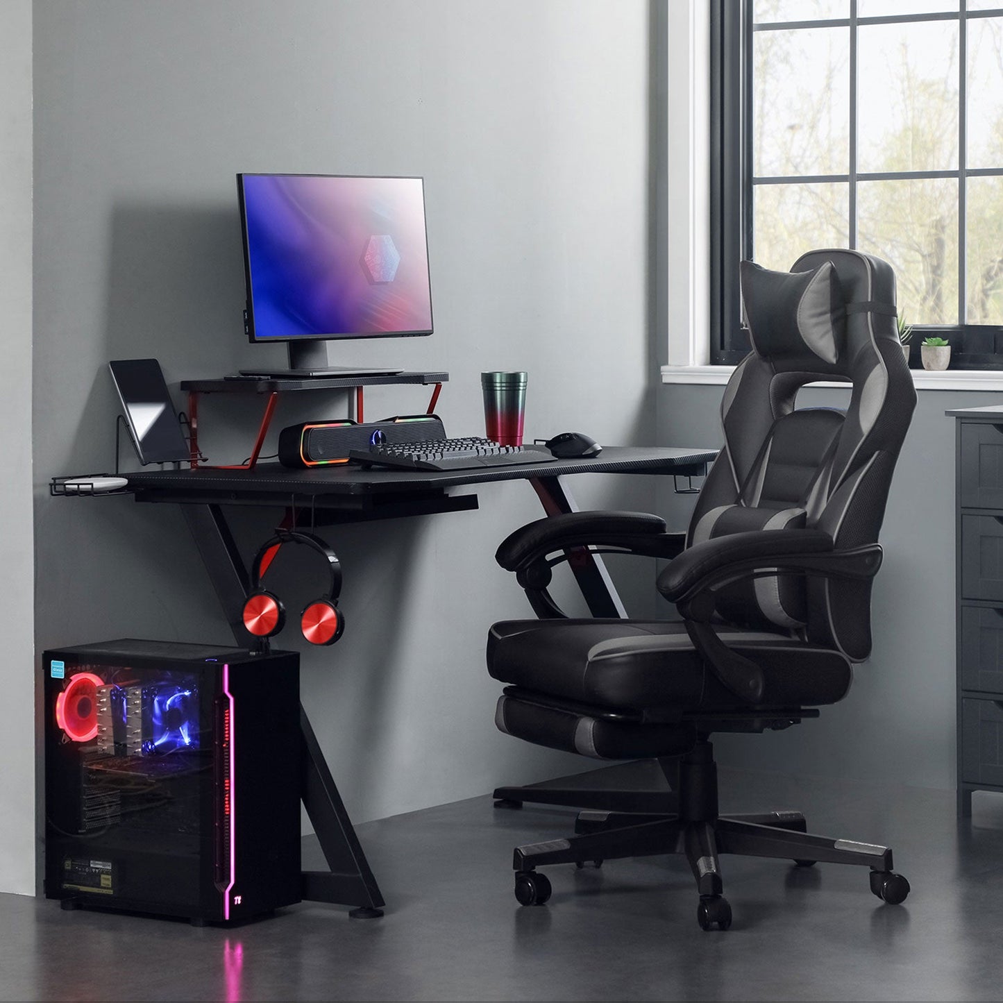 SONGMICS - Silla de juego, silla de oficina, reposacabezas, cojín lumbar, ajustable en altura, 150 kg, silla gamer
