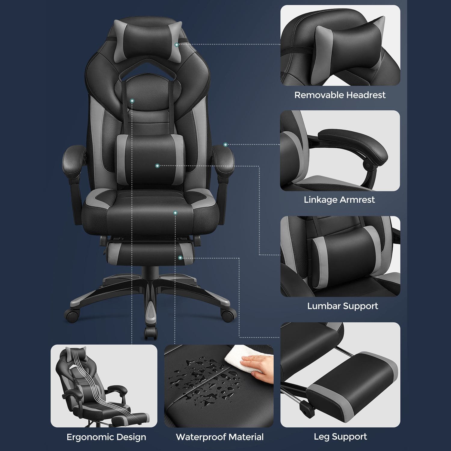 Silla gaming Comprar, silla de oficina, piel sintética. Cuerpo duradero, 150 kg, silla de ruedas, SONGMICS, 2