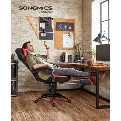 SONGMICS - Silla gaming con reposapiés, diseño ergonómico, reposacabezas ajustable, soporte lumbar, capacidad de carga de hasta 150 kg