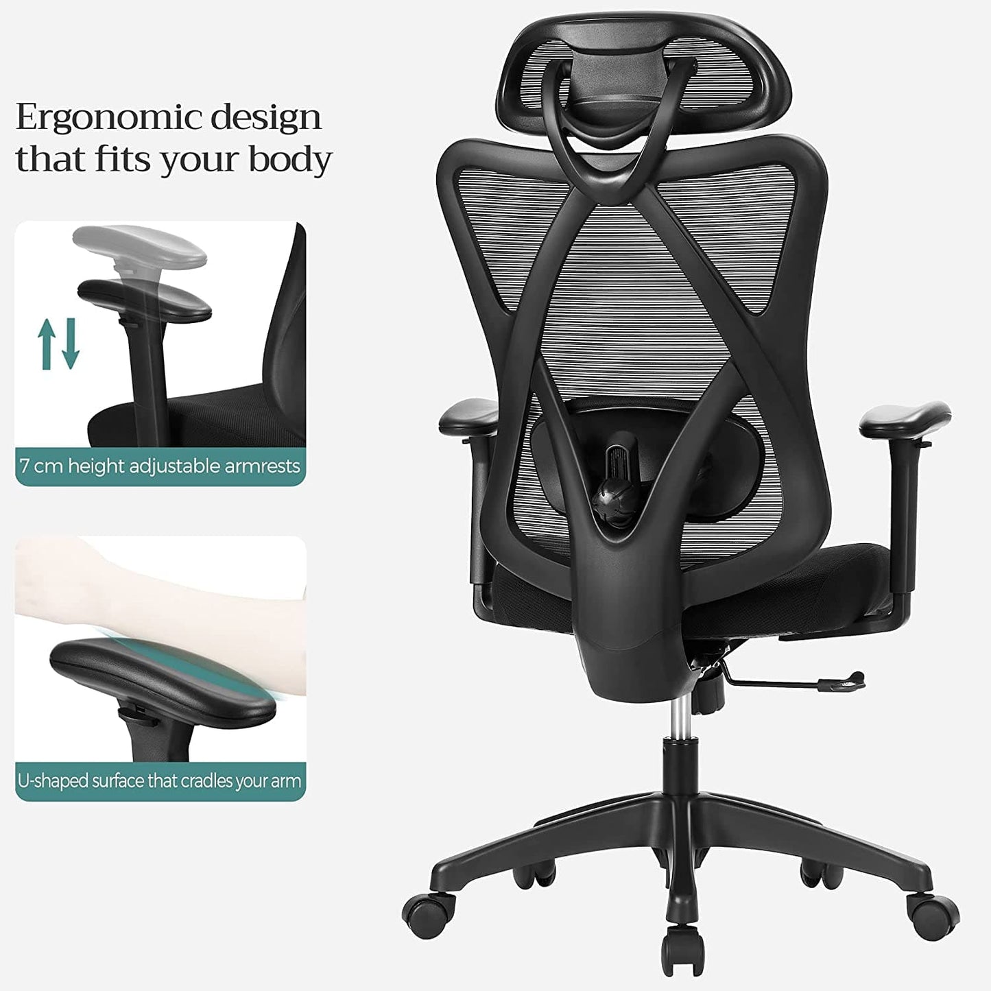 SONGMICS - Silla de oficina, silla de escritorio ergonómica, silla de computadora, soporte lumbar ajustable y reposacabezas, cargable hasta 150 kg
