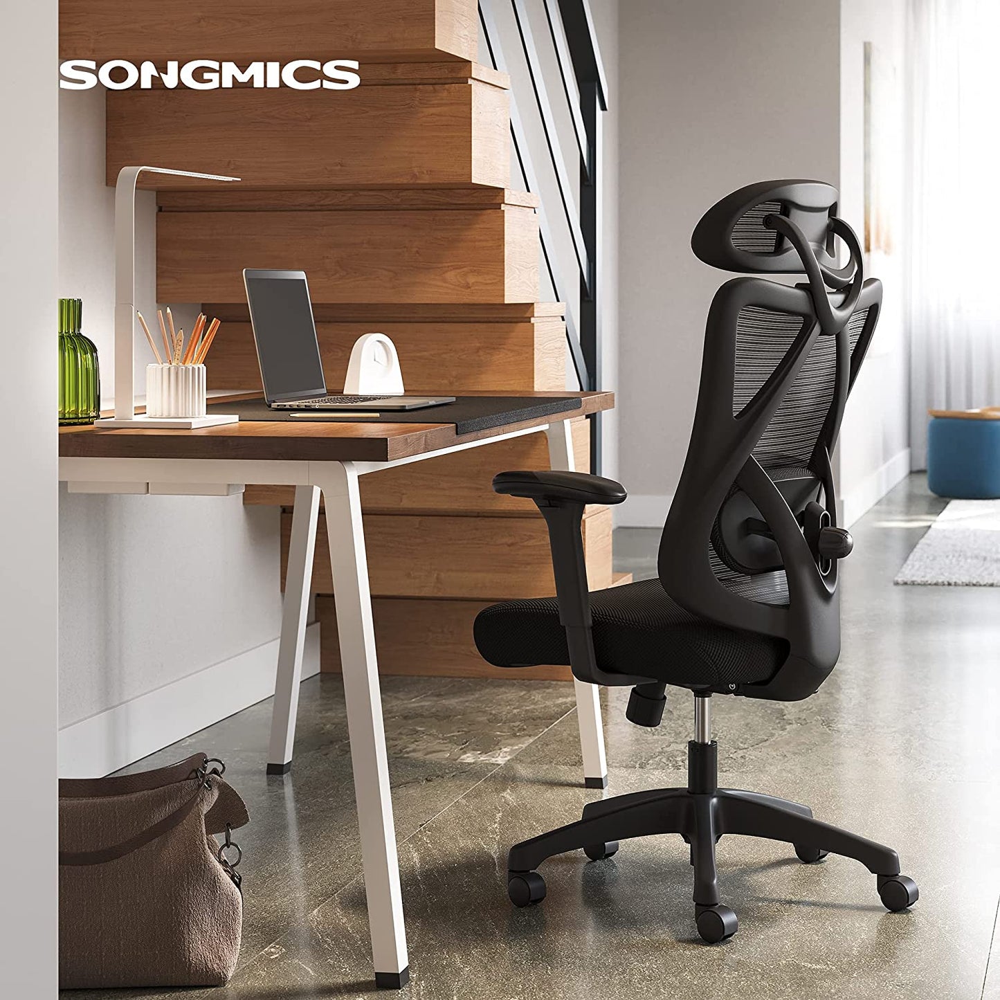 SONGMICS - Silla de oficina, silla de escritorio ergonómica, silla de computadora, soporte lumbar ajustable y reposacabezas, cargable hasta 150 kg