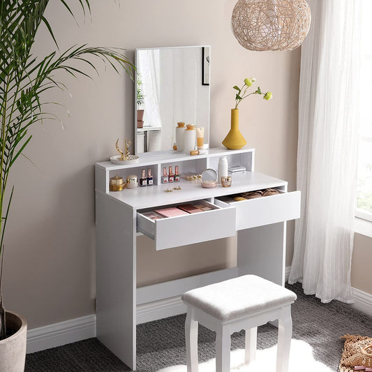 VASAGLE - Tocador con Espejo Rectangular, Mesa de Maquillaje, con 2 Cajones y 3 Compartimentos de Almacenamiento, Estilo Moderno, Blanco