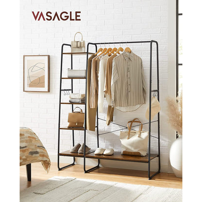VASAGLE - Estante de ropa, soporte del espacio de la cubierta, 5 niveles, guardarropa con almacenamiento de zapatos, riel de ropa, 6 ganchos