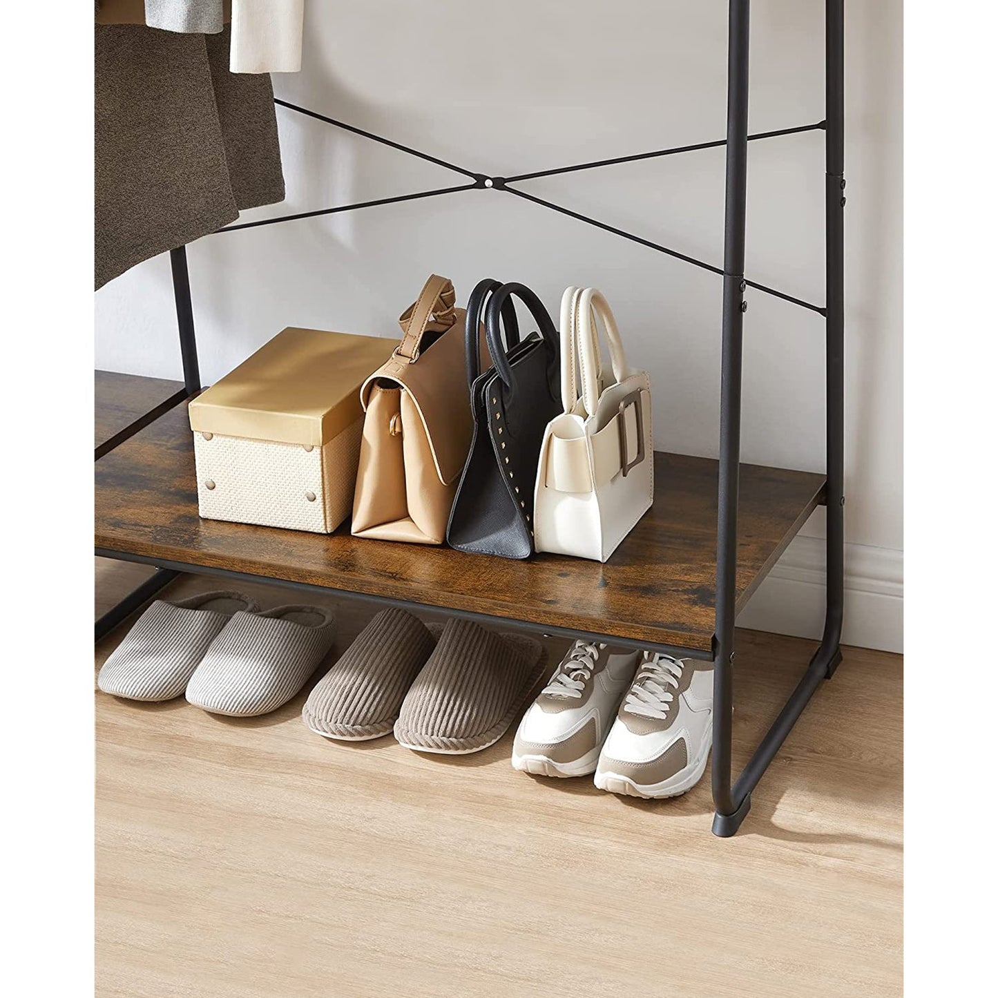 VASAGLE - Estante de ropa, soporte del espacio de la cubierta, 5 niveles, guardarropa con almacenamiento de zapatos, riel de ropa, 6 ganchos