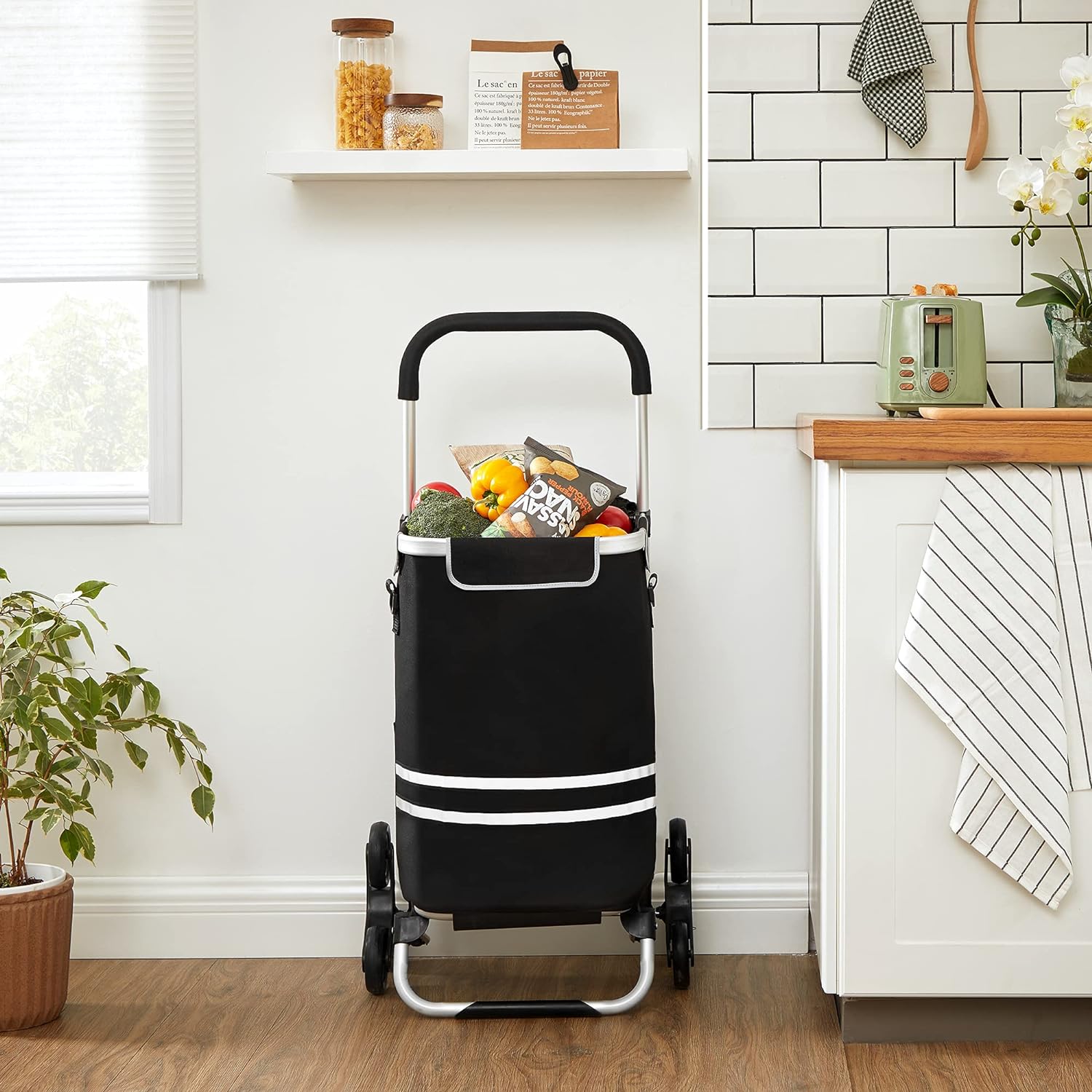 SONGMICS - Carro de Compra, Carrito de Compra, Plegable con Ruedas Sube escaleras, Bolsa refrigerante, 35L, Negro