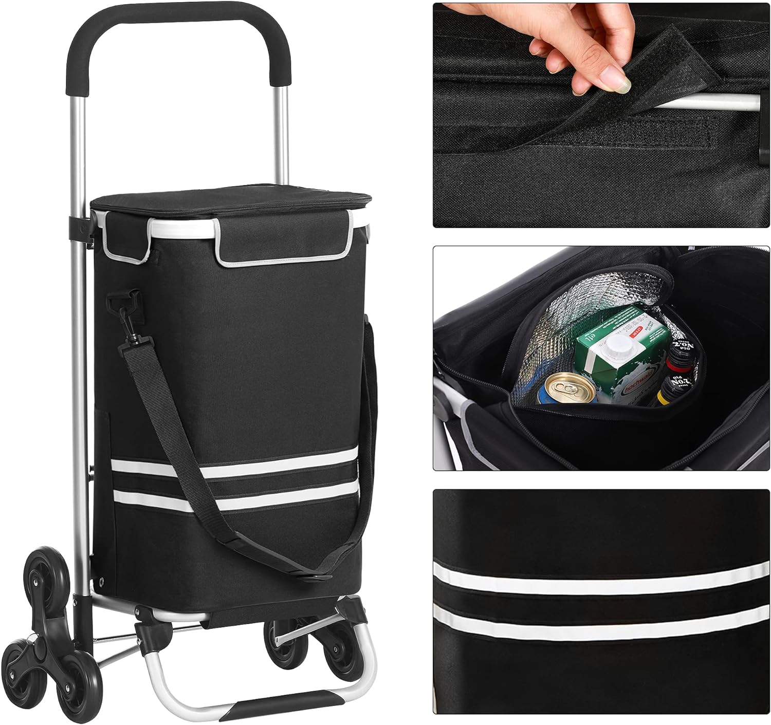 Carro de Compra, Carrito de Compra, Plegable con Ruedas Sube escaleras, Bolsa refrigerante, 35L, Negro, SONGMICS, 5