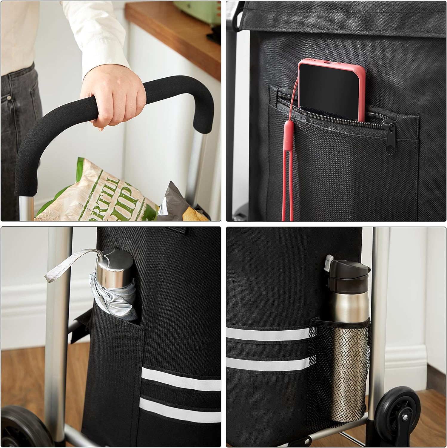 Carro de Compra, Carrito de Compra, Plegable con Ruedas Sube escaleras, Bolsa refrigerante, 35L, Negro, SONGMICS, 4
