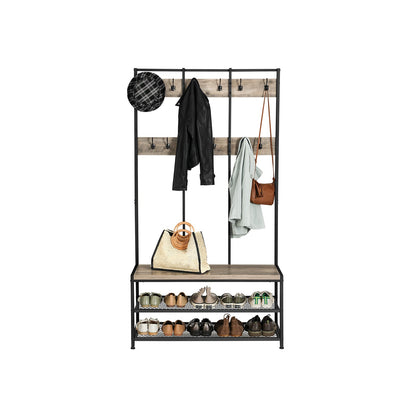 VASAGLE - gran soporte de cableado con un banco, estantes de ropa con 12 ganchos de ropa y ganchos de zapatos, pasillo, oficina, dormitorio