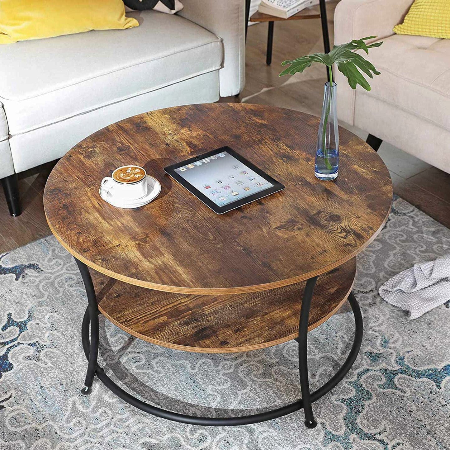 Mesa de Centro Redonda con Estante de Diseño Industrial