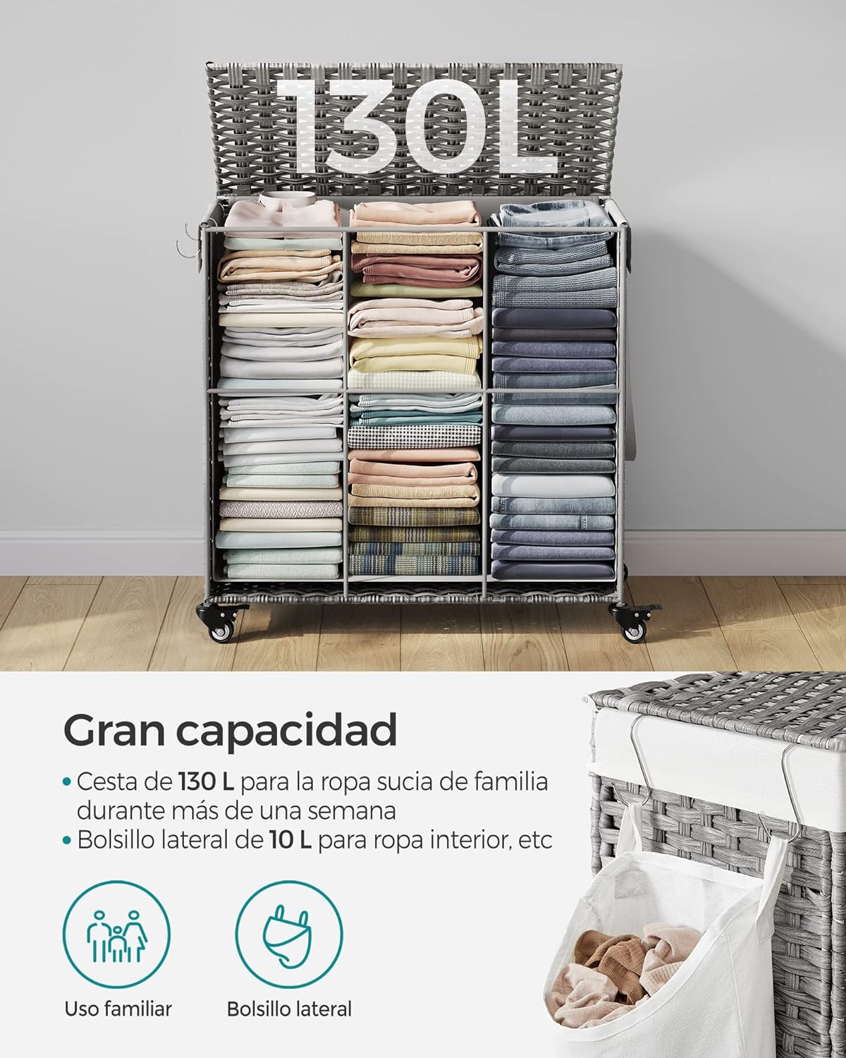 Cesto Ropa Bambu, 140 L, 3 Compartimentos, Cesto Ropa Sucia con Tapa, con 3 Compartimentos, Gris, SONGMICS, 5