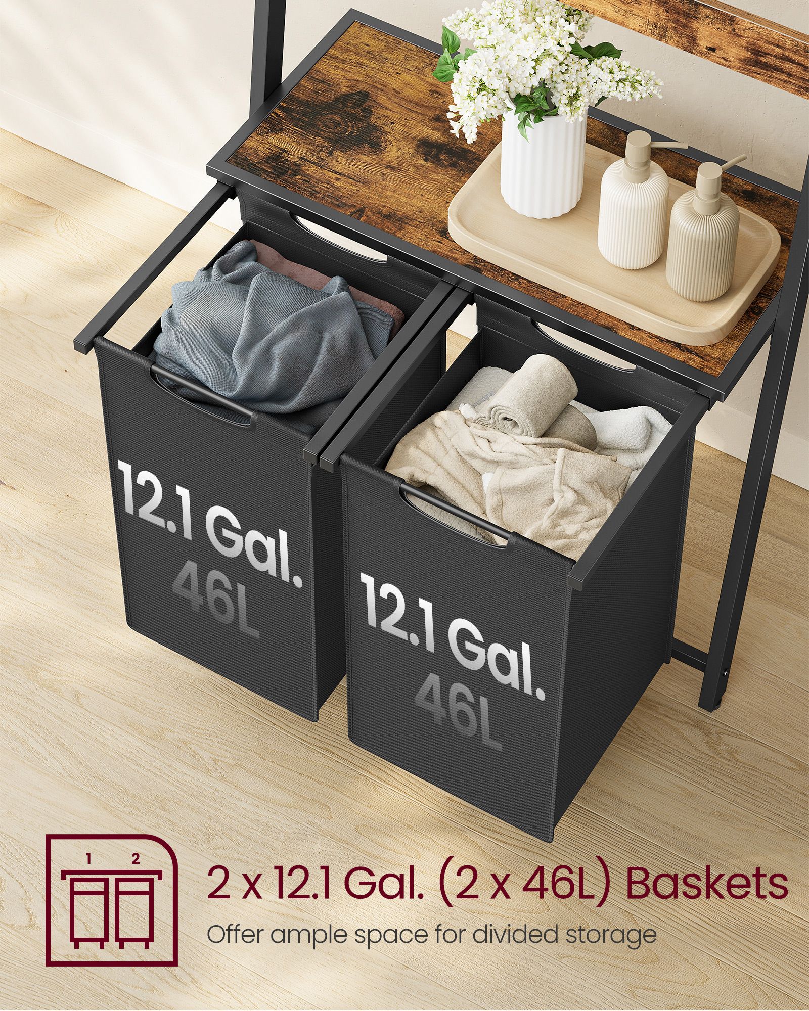 Mueble Cesto Ropa Sucia, 2 x 46L, Mueble Ropa Sucia, Cesto para la colada con escalera para toallas, marrón y negro, VASAGLE, 5