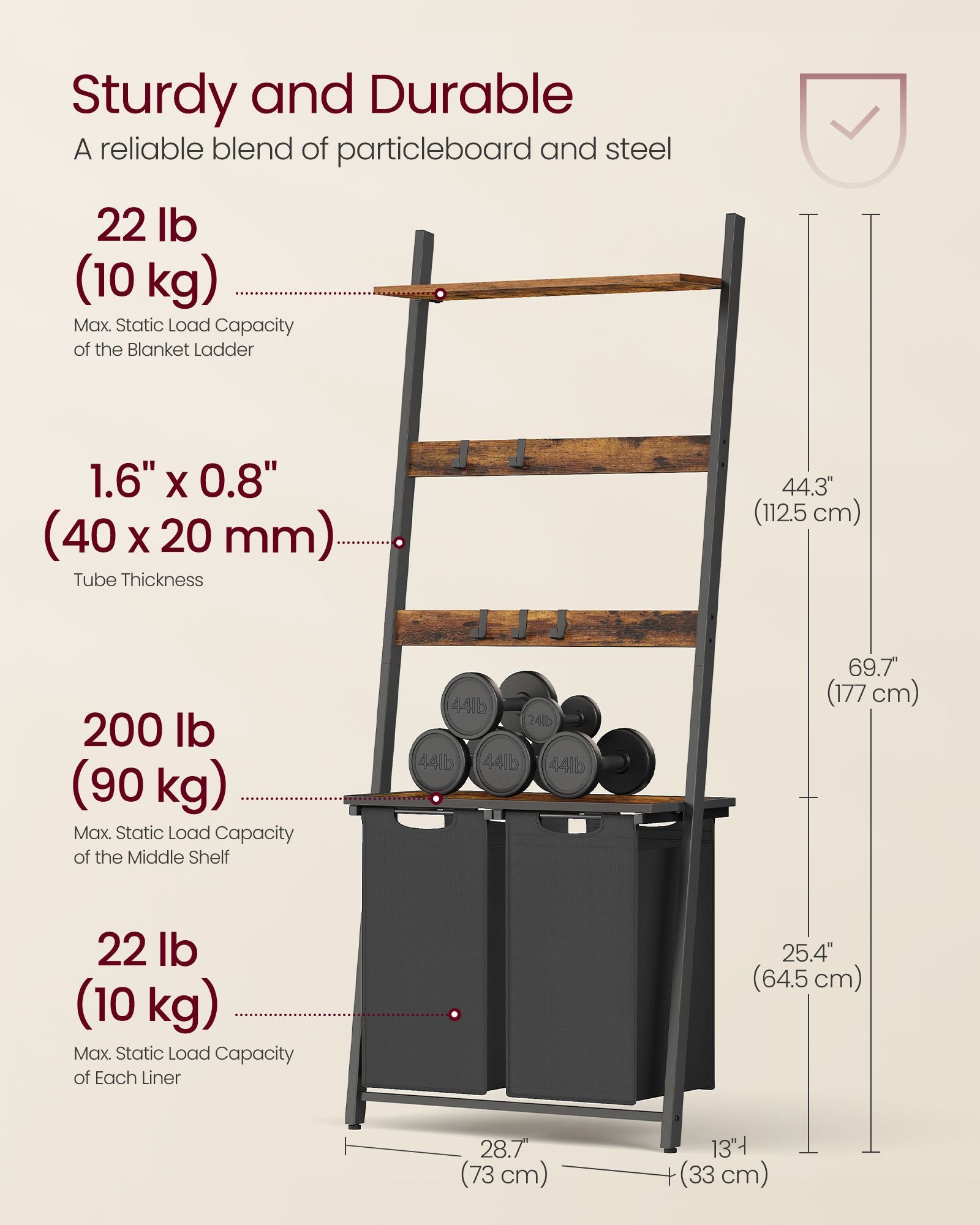 Mueble Cesto Ropa Sucia, 2 x 46L, Mueble Ropa Sucia, Cesto para la colada con escalera para toallas, marrón y negro, VASAGLE, 6