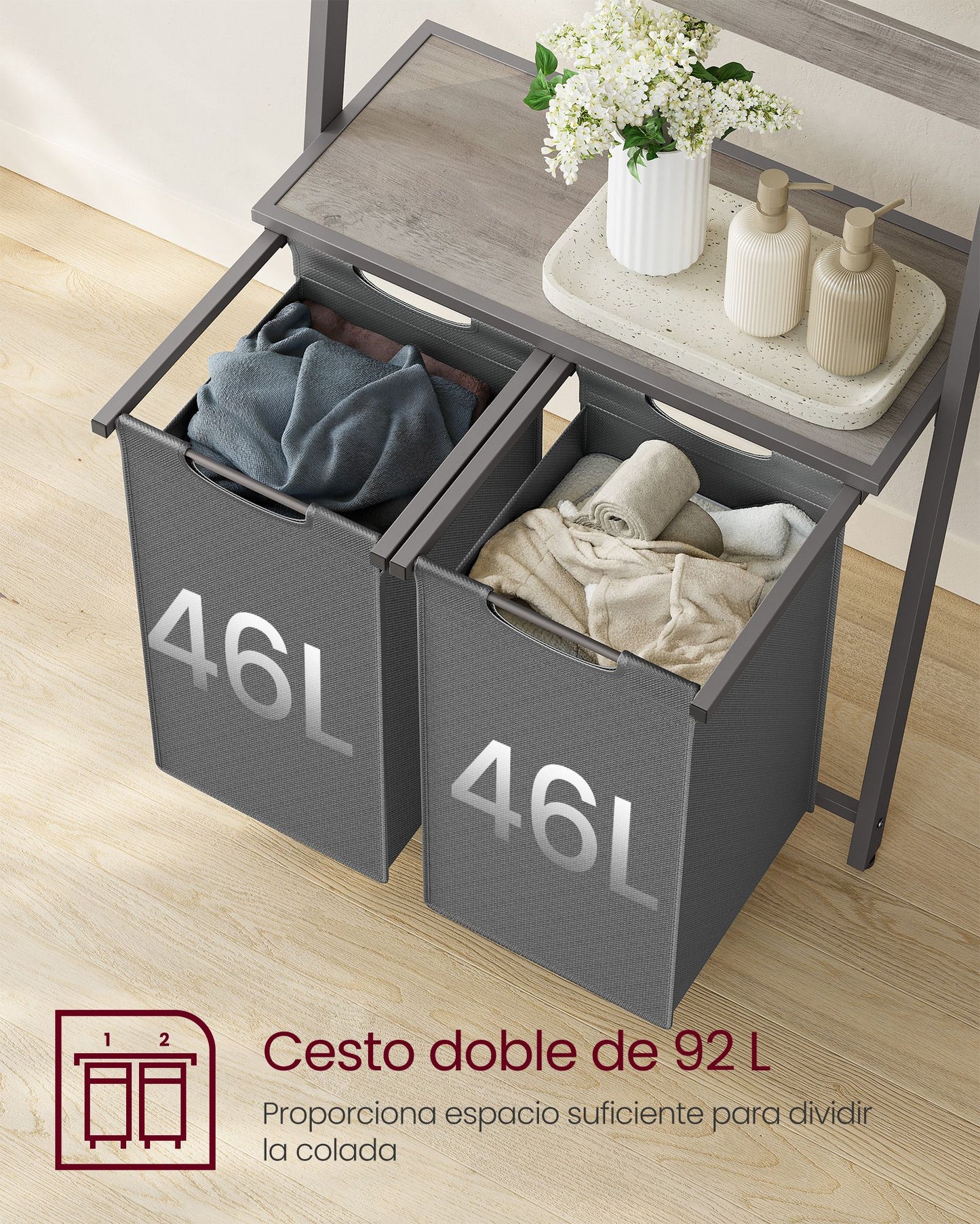 Mueble Cesto Ropa Sucia, 2 x 46L, Mueble Ropa Sucia, Cesto para la colada con escalera para toallas, Greige Brezo y Gris, VASAGLE, 5