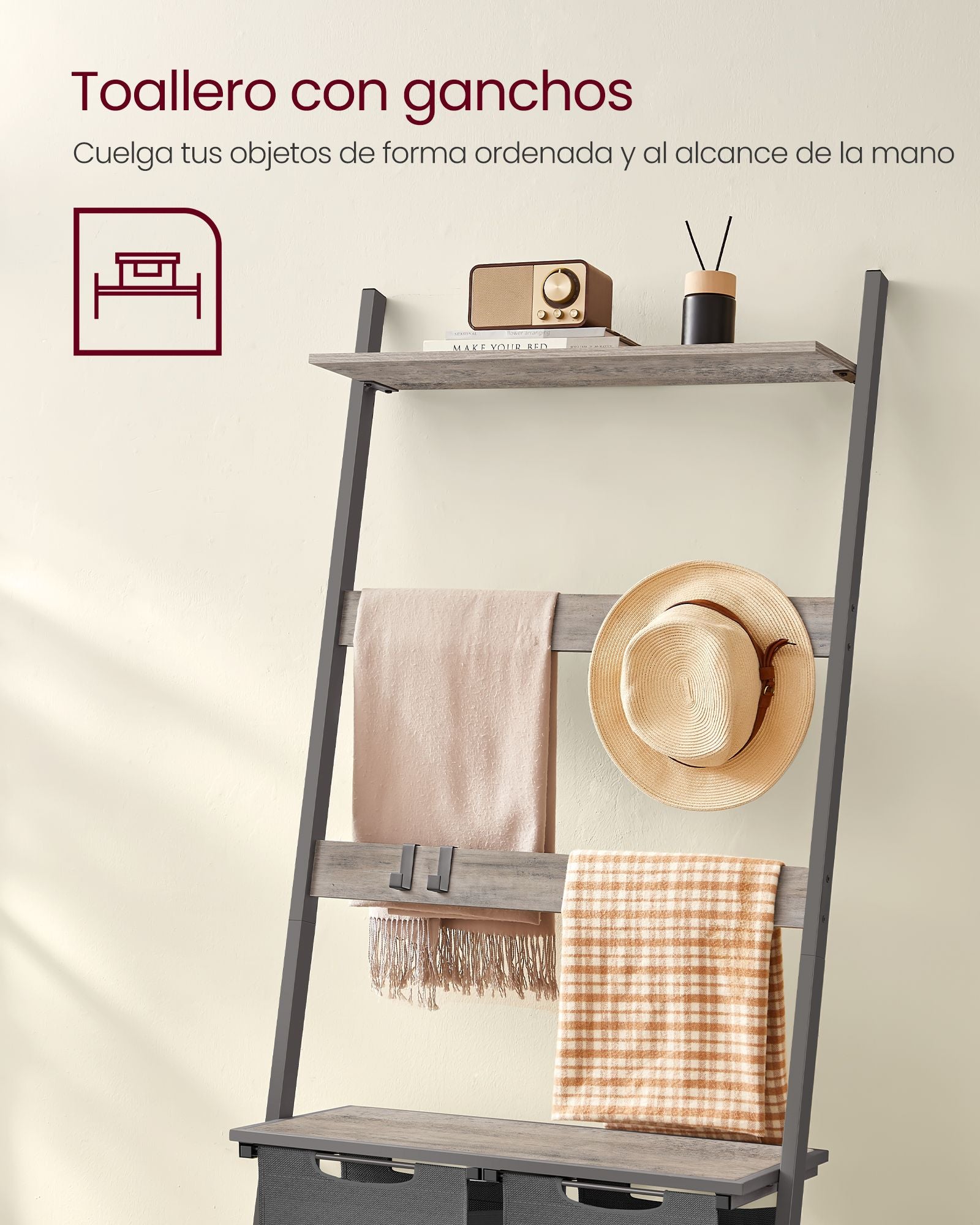 Mueble Cesto Ropa Sucia, 2 x 46L, Mueble Ropa Sucia, Cesto para la colada con escalera para toallas, Greige Brezo y Gris, VASAGLE, 3