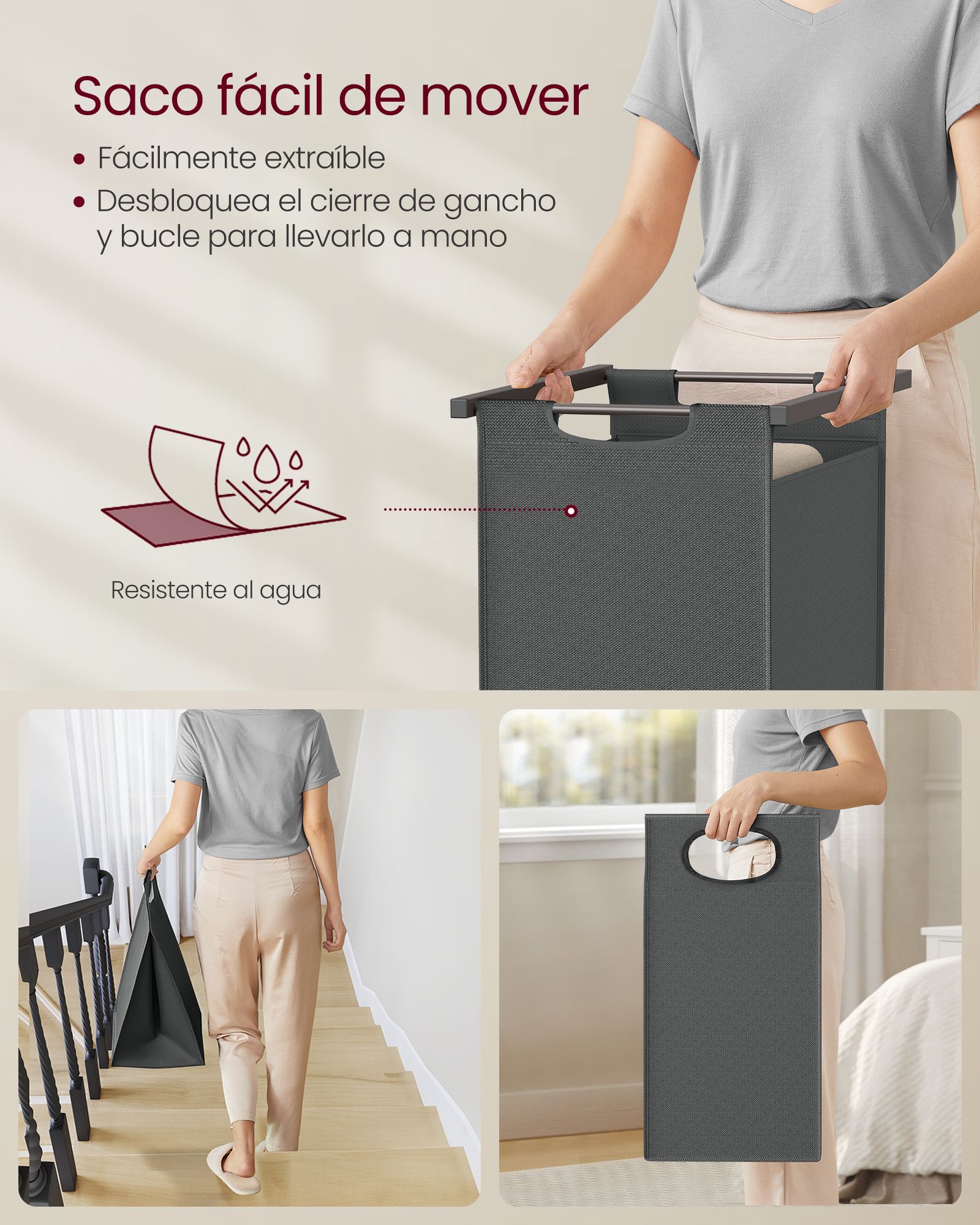 Mueble Cesto Ropa Sucia, 2 x 46L, Mueble Ropa Sucia, Cesto para la colada con escalera para toallas, Greige Brezo y Gris, VASAGLE, 4