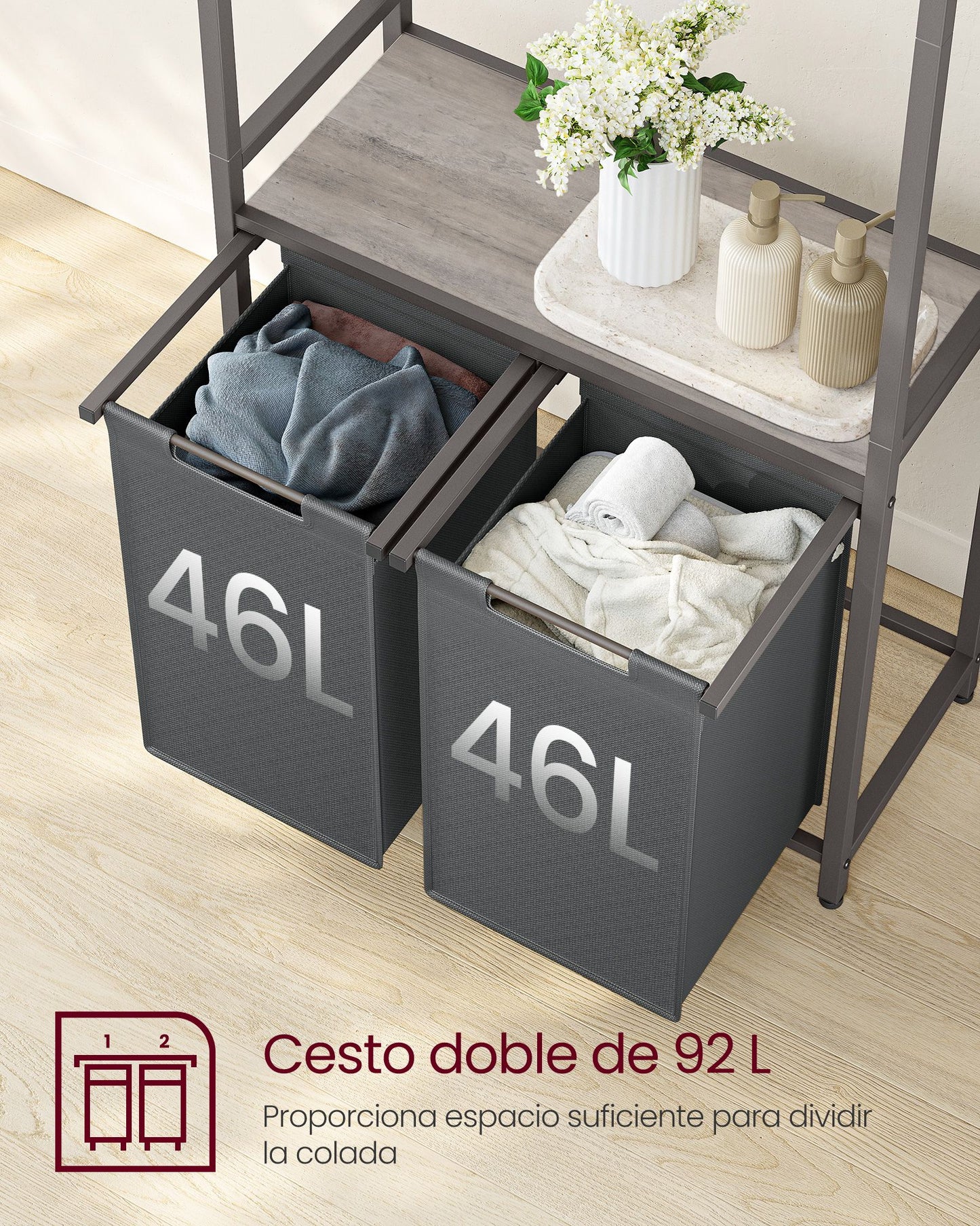 Mueble Cesto Ropa Sucia, 2 x 46 L, Mueble Ropa Sucia, Cesto Colada con 2 Estantes Barra Colgante, Greige y Gris, VASAGLE, 5