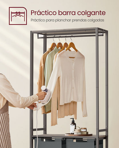 Mueble Cesto Ropa Sucia, 2 x 46 L, Mueble Ropa Sucia, Cesto Colada con 2 Estantes Barra Colgante, Greige y Gris, VASAGLE, 3