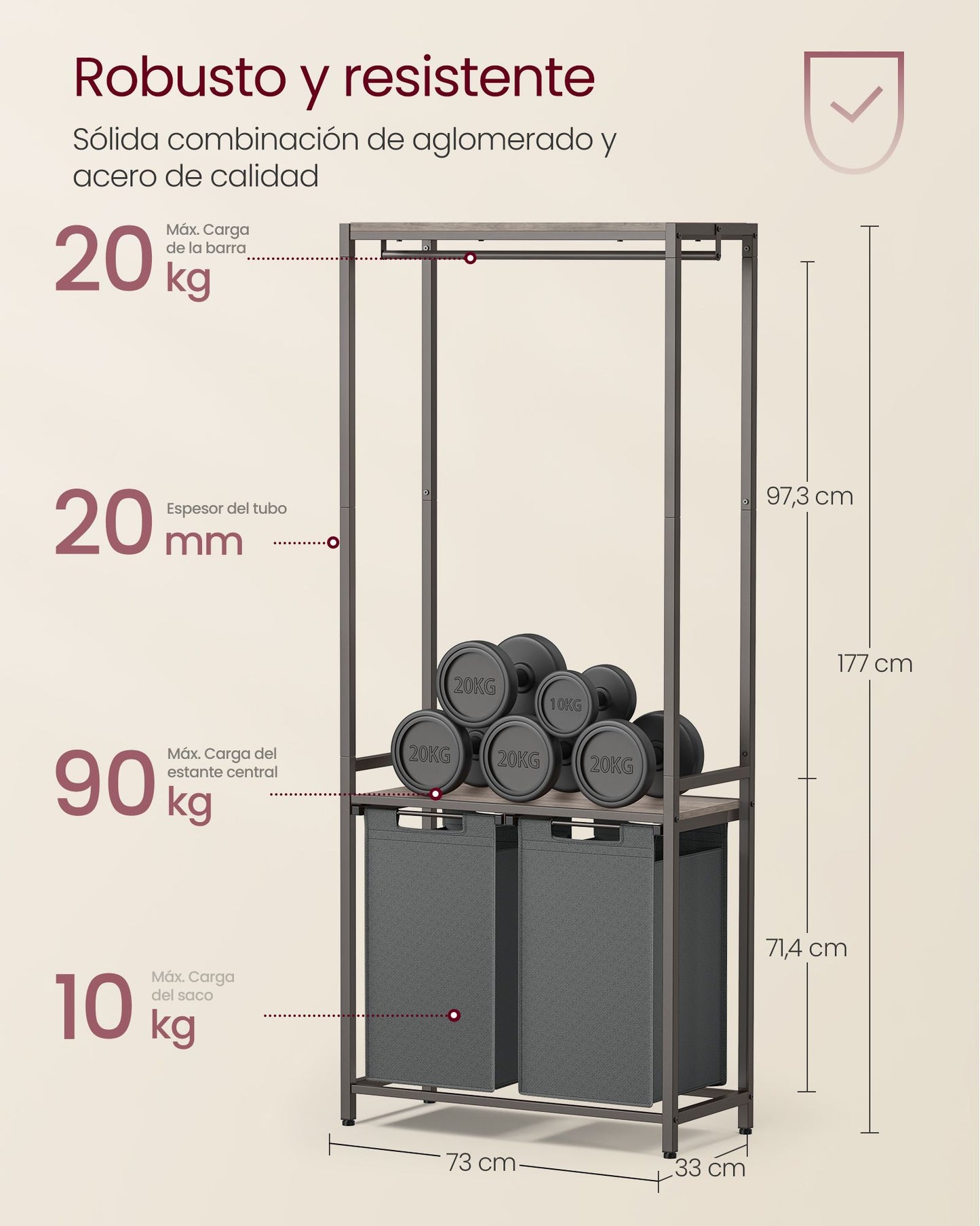 Mueble Cesto Ropa Sucia, 2 x 46 L, Mueble Ropa Sucia, Cesto Colada con 2 Estantes Barra Colgante, Greige y Gris, VASAGLE, 6