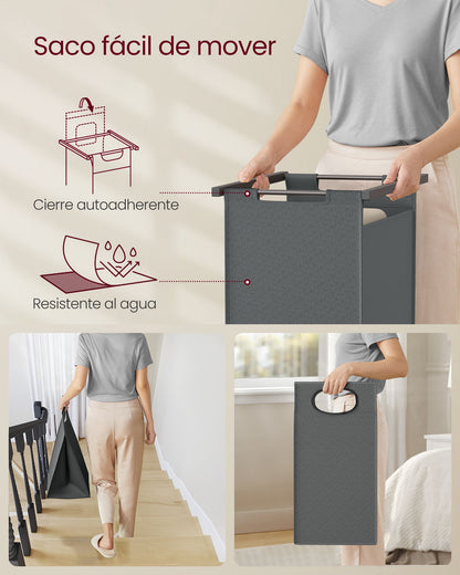 Mueble Cesto Ropa Sucia, 2 x 46 L, Mueble Ropa Sucia, Cesto Colada con 2 Estantes Barra Colgante, Greige y Gris, VASAGLE, 4