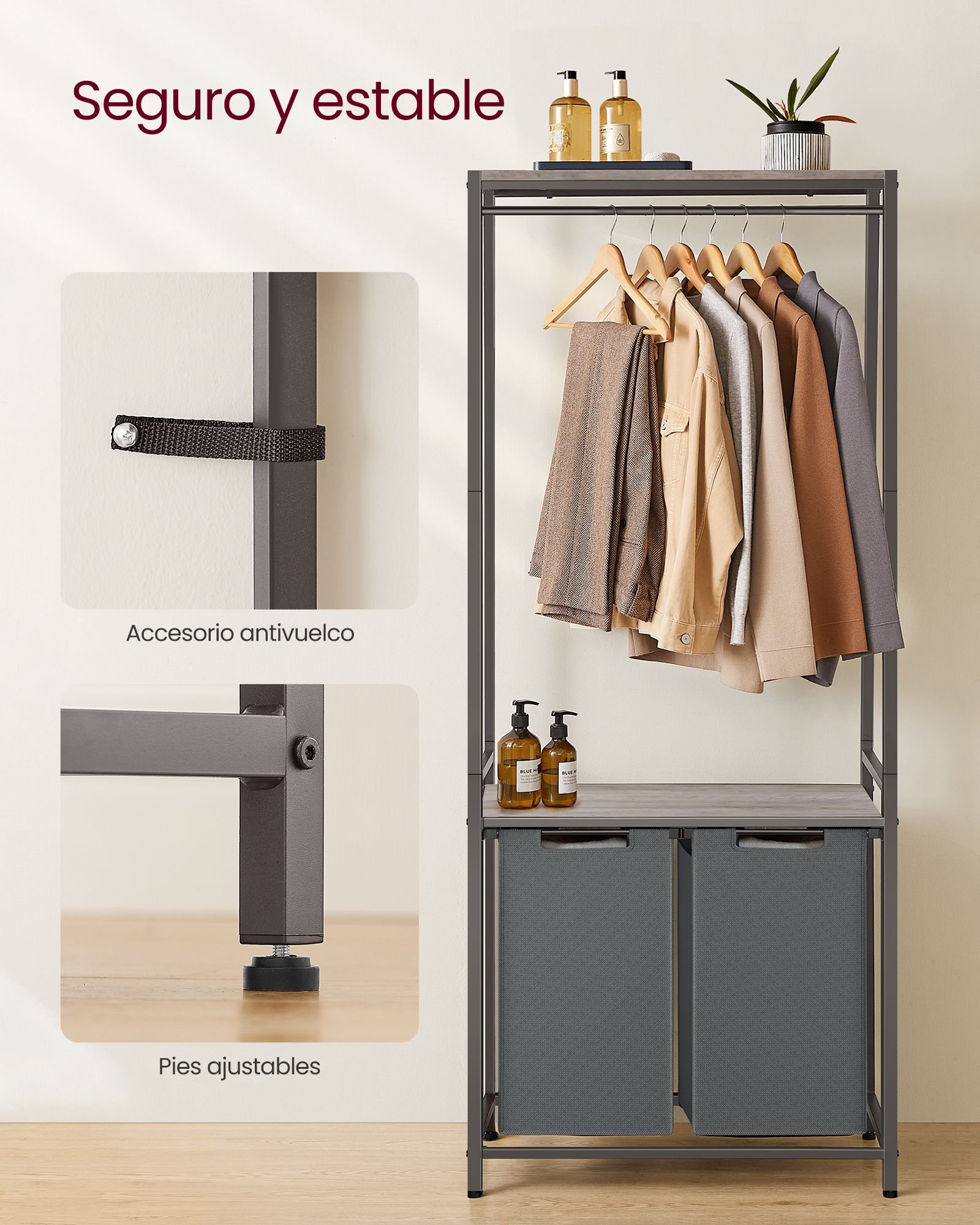 Mueble Cesto Ropa Sucia, 2 x 46 L, Mueble Ropa Sucia, Cesto Colada con 2 Estantes Barra Colgante, Greige y Gris, VASAGLE, 7