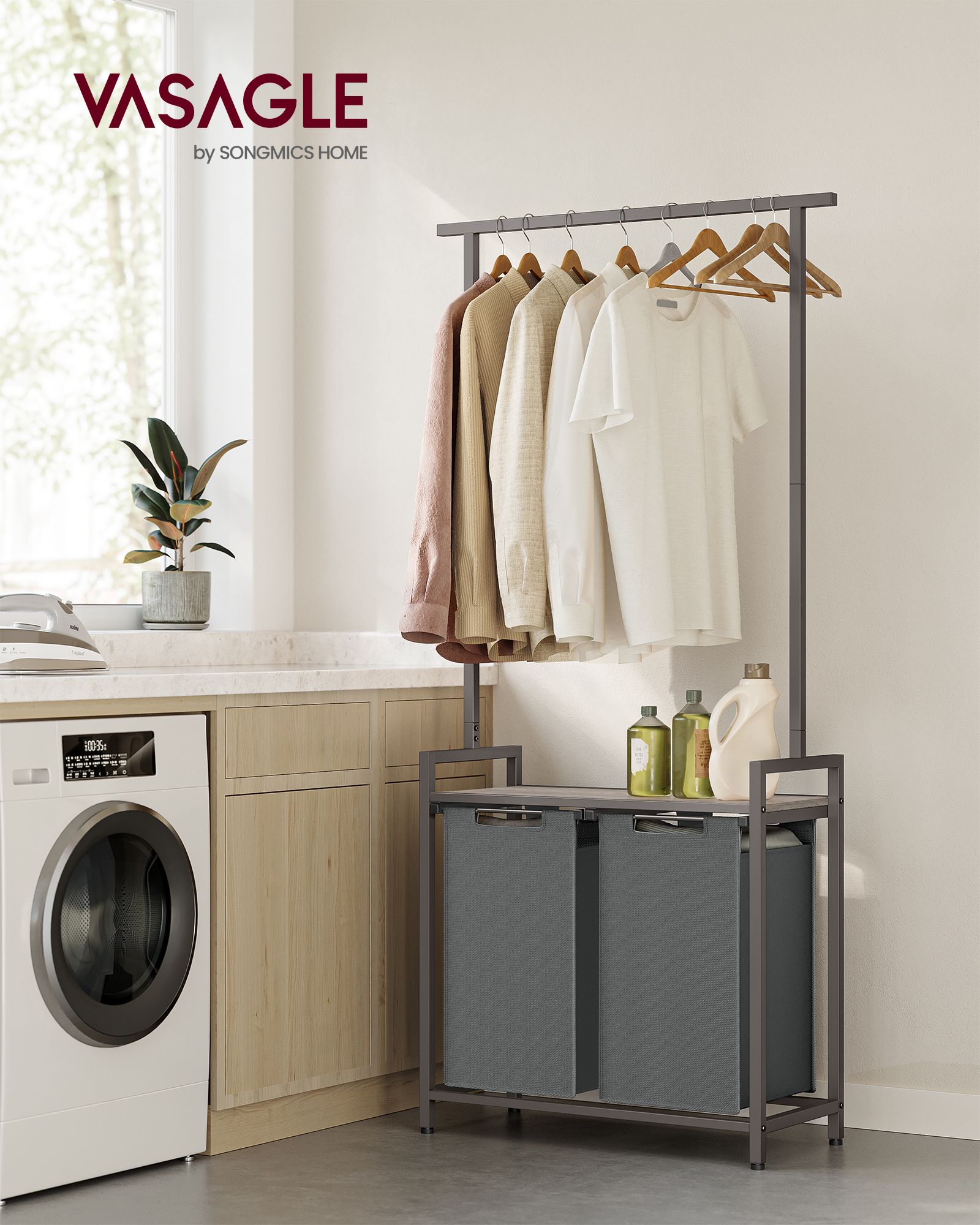 Mueble Cesto Ropa Sucia, 2 x 46 L, Mueble Ropa Sucia, Cesto Doble para Ropa Sucia, Cesto Colada, Greige y Gris, VASAGLE, 8